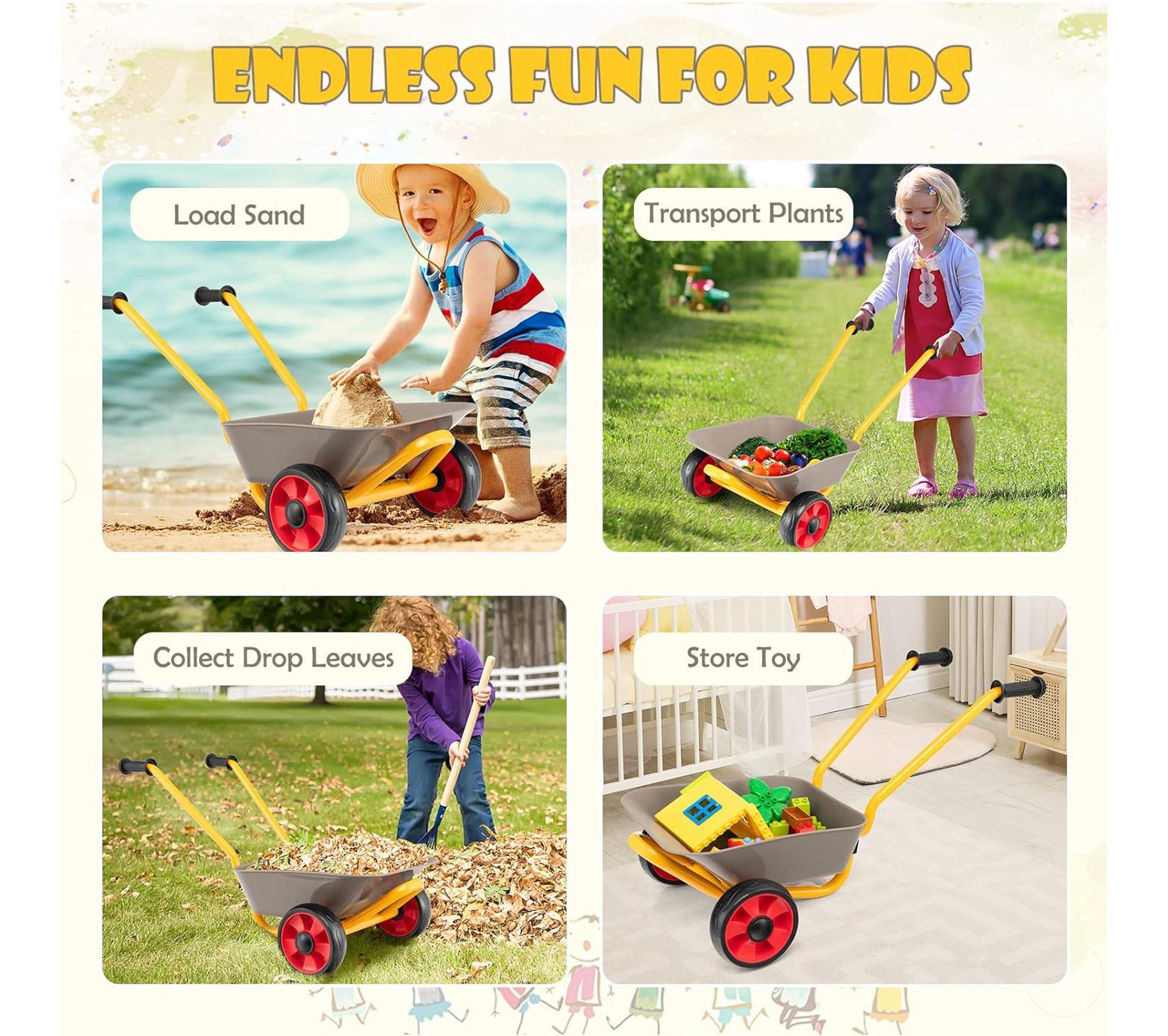 Kit De Jardinage Pour Enfants - Brouette, Pelle Et Râteau En Plastique Rose - Pour Sable, Terre, Jeux Extérieurs - À Partir De 2 Ans - 3