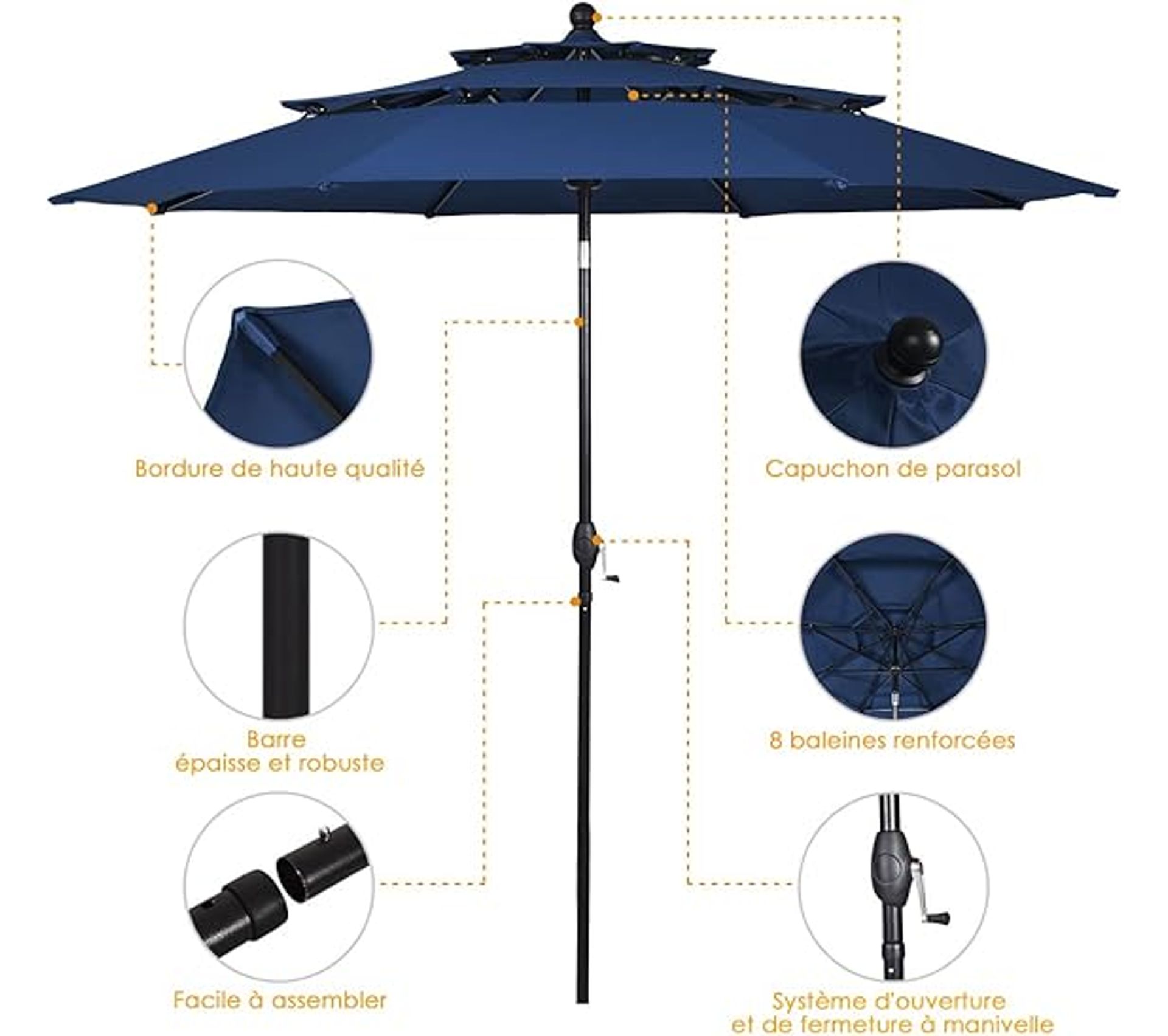 Parasol De Terrasse 3x3m à 3 Niveaux COSTWAY - Double Ventilation, Inclinaison Réglable, Manivelle, Couleur Beige Ou Café - 2