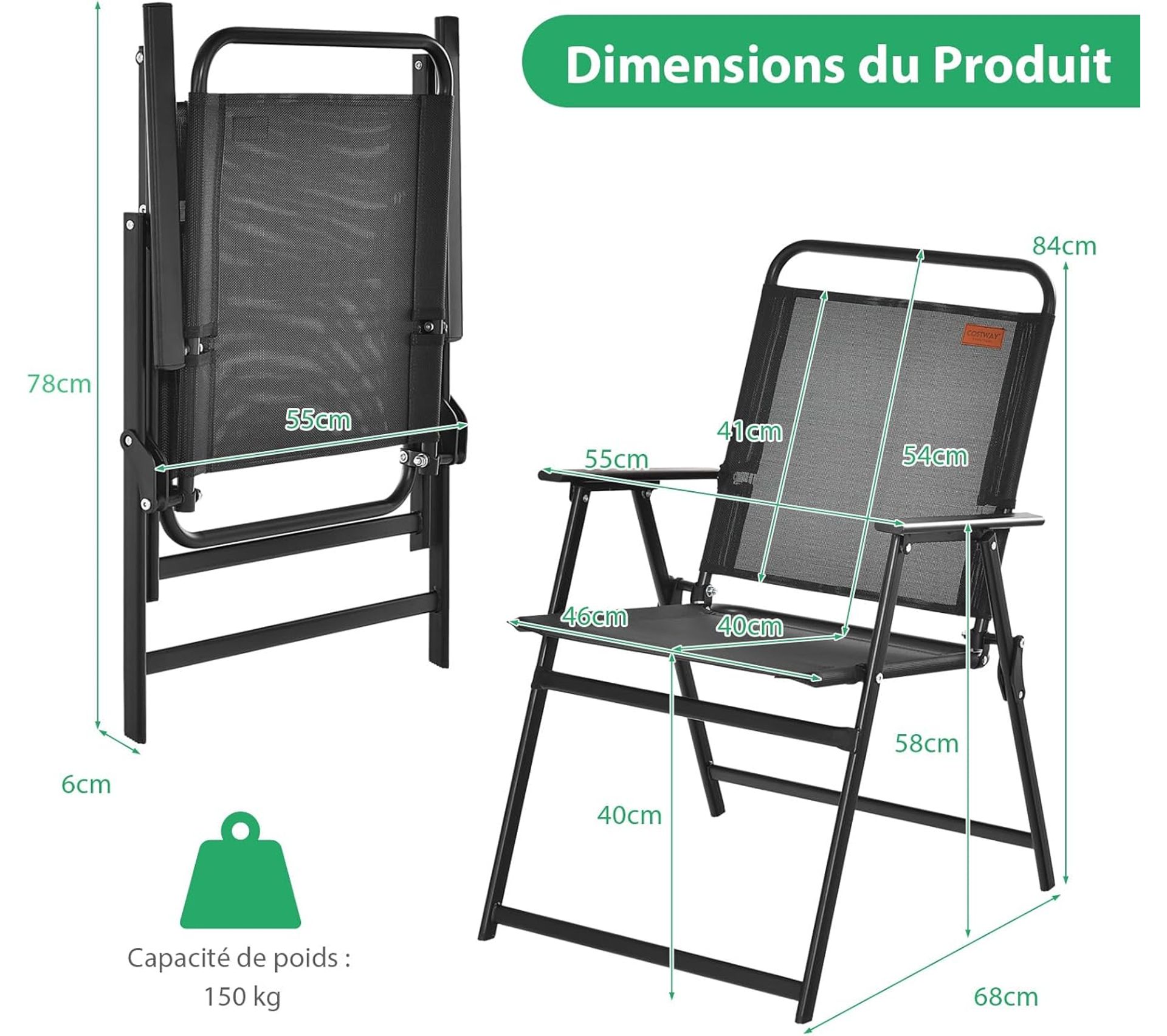 Lot De 4 Chaises De Jardin Pliantes CASARIA - Gris - 130kg Max - Acier Thermolaqué - 80x46x52cm - Pour Terrasse, Balcon