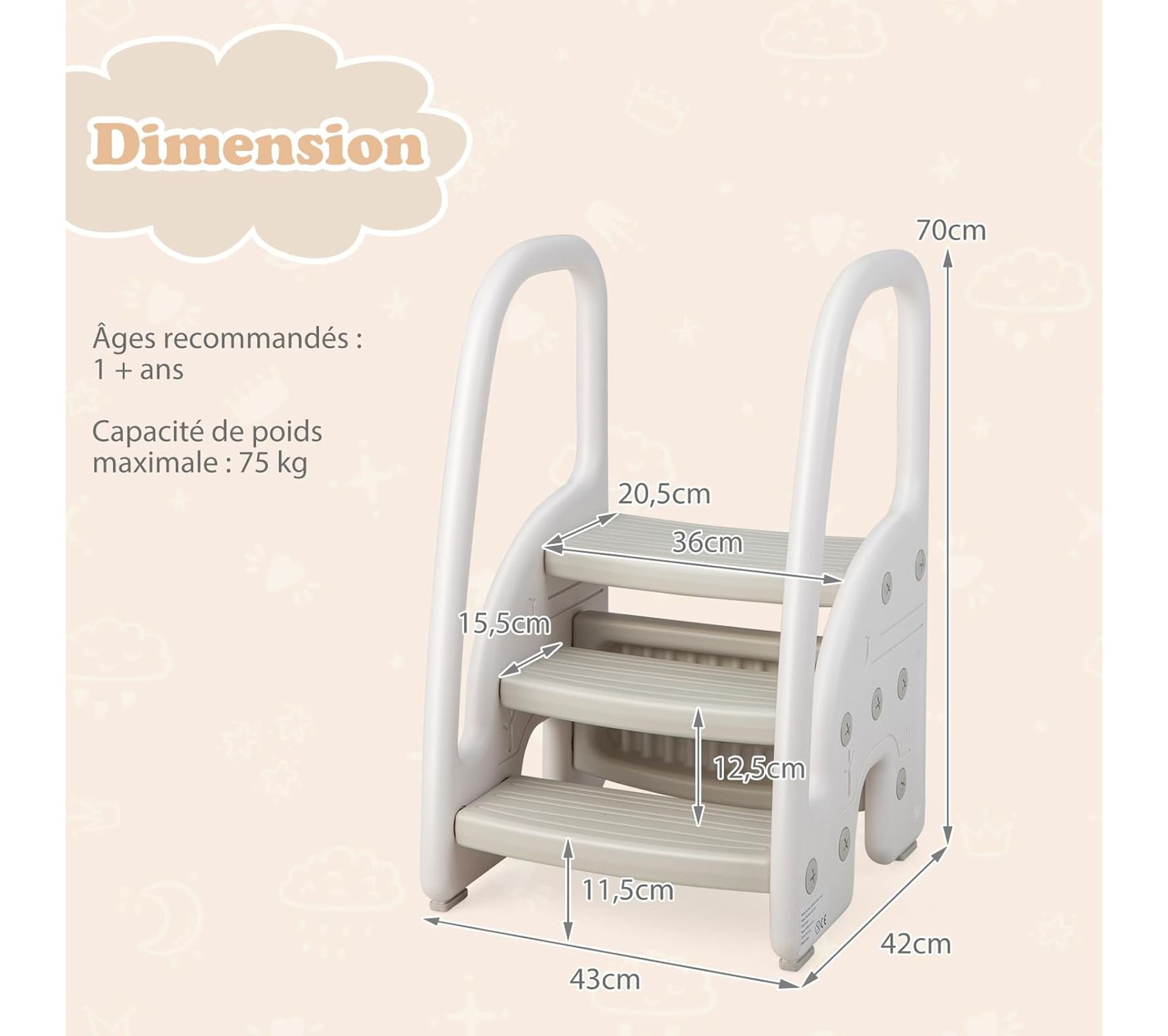 Tabouret 3 Marches COSTWAY Enfants - Pédale Amovible, HDPE, 75kg Charge, 1 An Et Plus