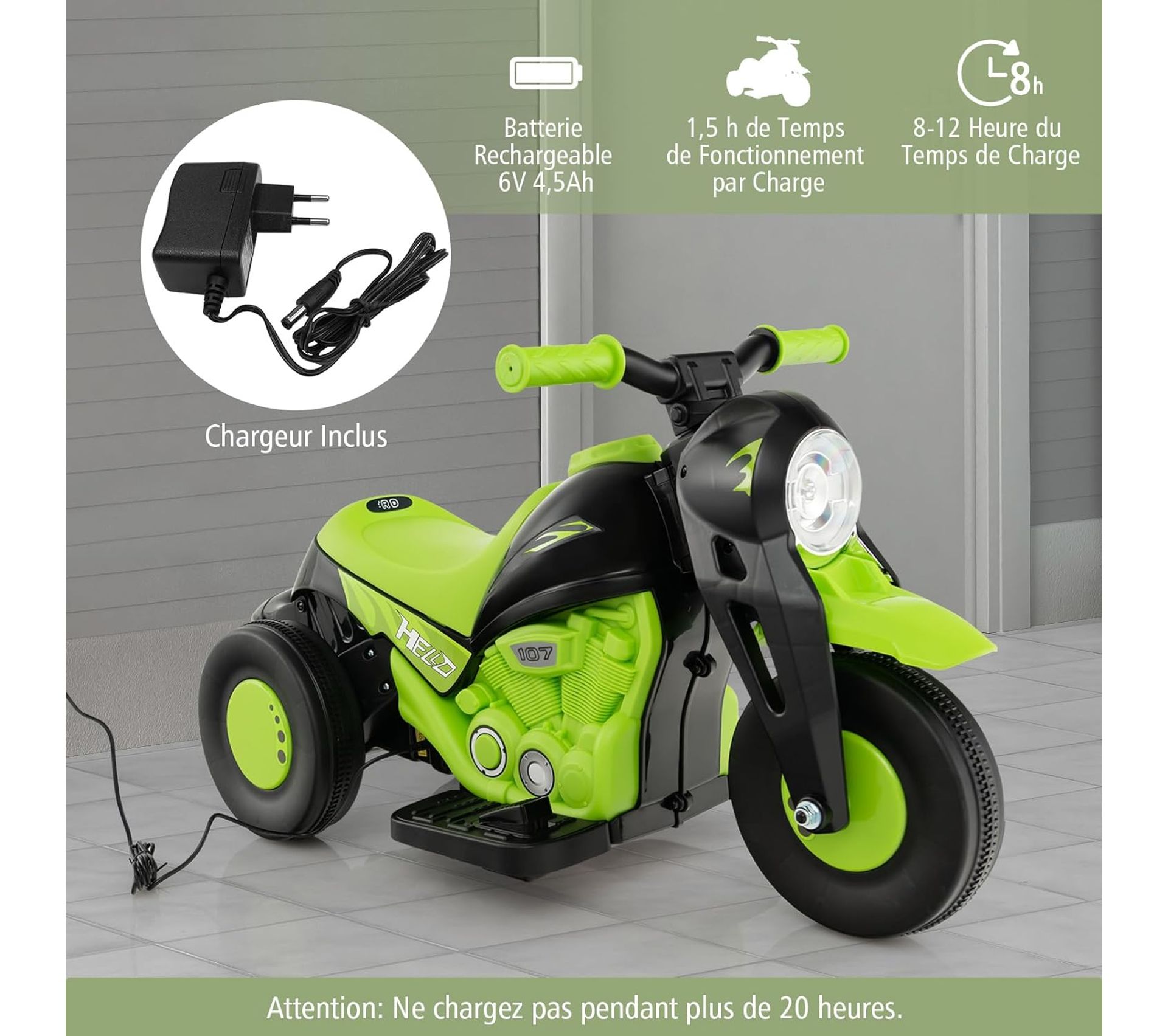 Moto électrique Enfant 12V - Vitesse 5,5-6 Km/h - Pour 3-8 Ans (max 30 Kg) - Phares, Musique, Roues Stabilisatrices - Noir/Blanc