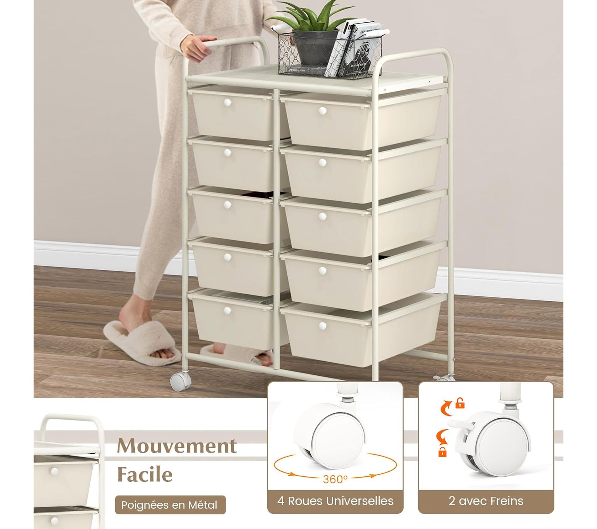 Chariot De Rangement 10 Tiroirs Vert Avec Plateau Bois – Pour Salle De Bain, Cuisine, Bureau