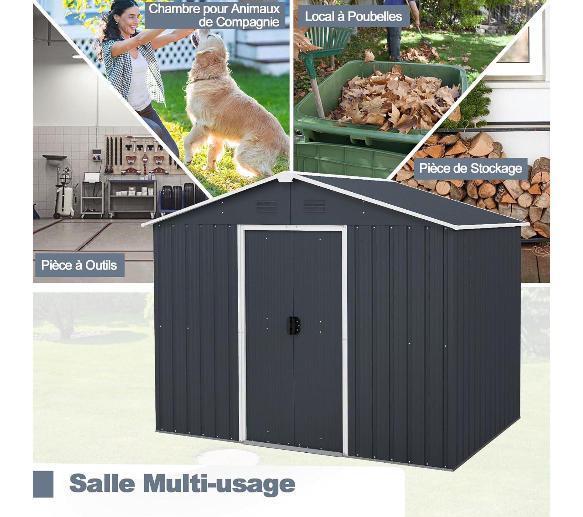 Abri De Jardin Métal 7,9 M³ COSTWAY - Toit Double Pente, Portes Coulissantes, 4 Aérations, 235 X 171 X 196 Cm