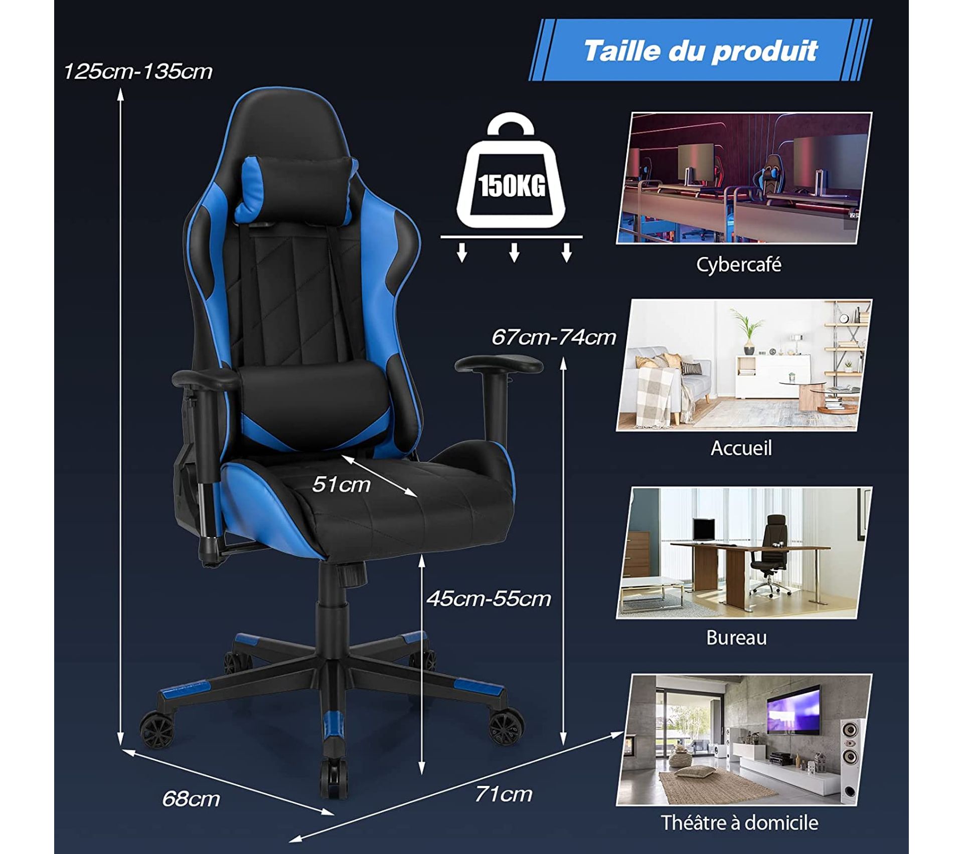 Chaise Gaming Ergonomique JUMMICO Avec Massage Lombaire - Dossier Inclinable 90-150°, Assise Large 50 Cm, Poids Max 150 Kg - Pour Jeux Et Bureau, Blanc - 11