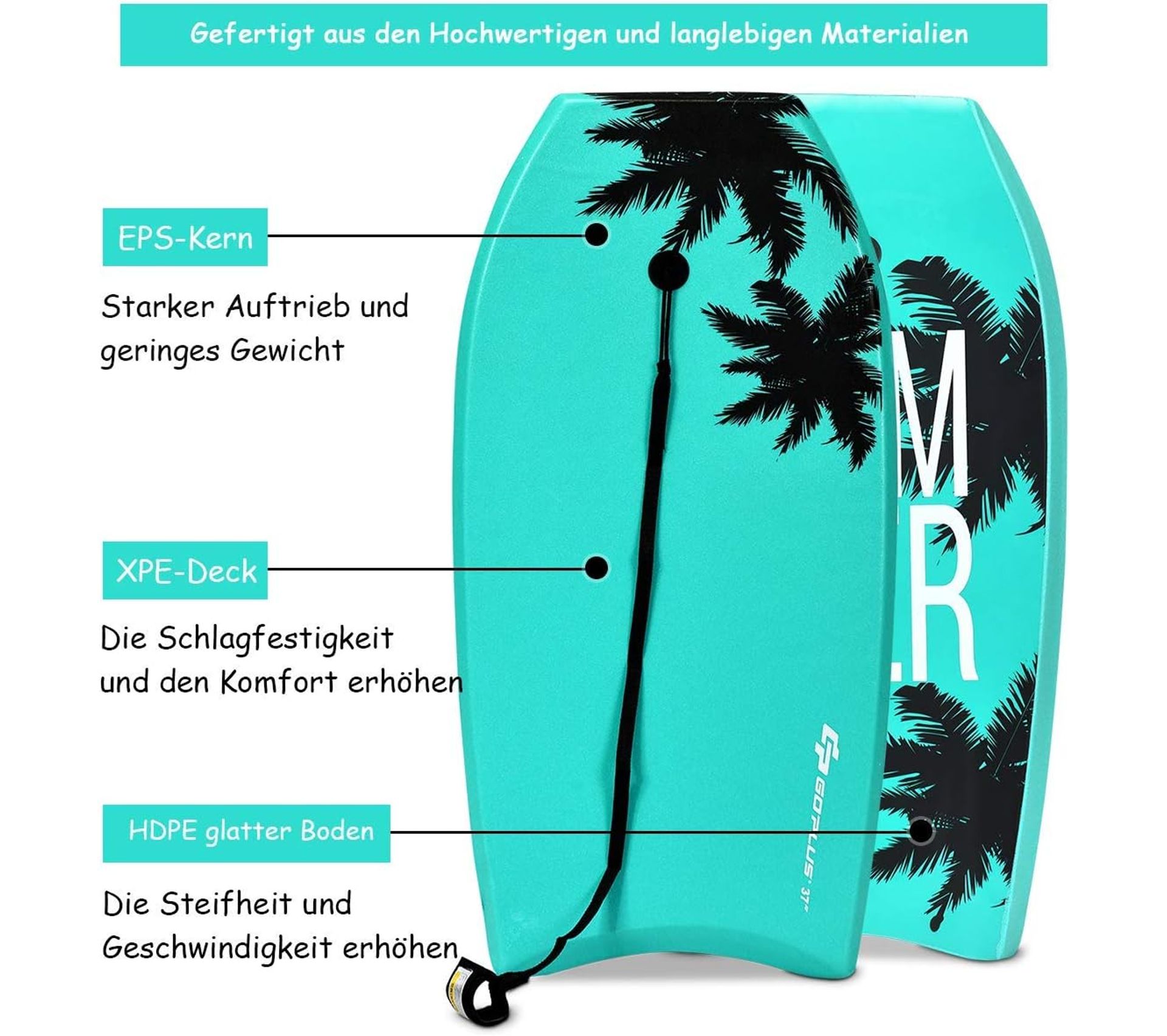 Planche De Bodyboard CONTOUR SURF 94 Cm - Pour Enfants Et Adultes Débutants - Légère, Noyau EPS, Dragonne Inclus