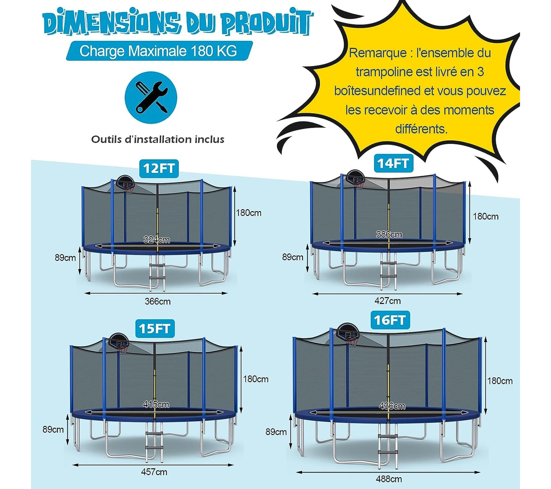 Trampoline 305 Cm Redkid Trampoline Jardin 305/366 Cm - Filet De Sécurité, Échelle Et Panier Basket - Enfants - 440 Lbs - Bleu Trampoline Exterieur Enfant