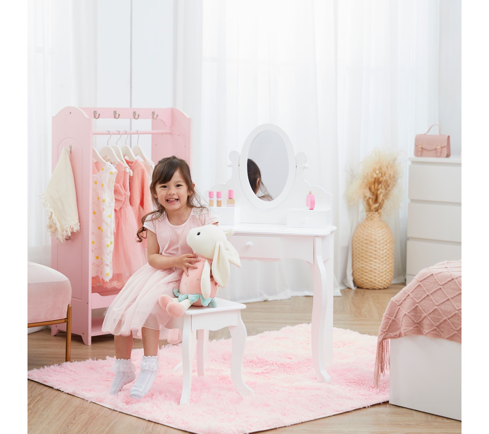 Coiffeuse Enfant Bonnlo Avec Miroir Et Tabouret - Bureau 2 En 1 Rose Lapin - Dimensions 51,8x36x105,5 Cm - Bois, Peinture Non Toxique