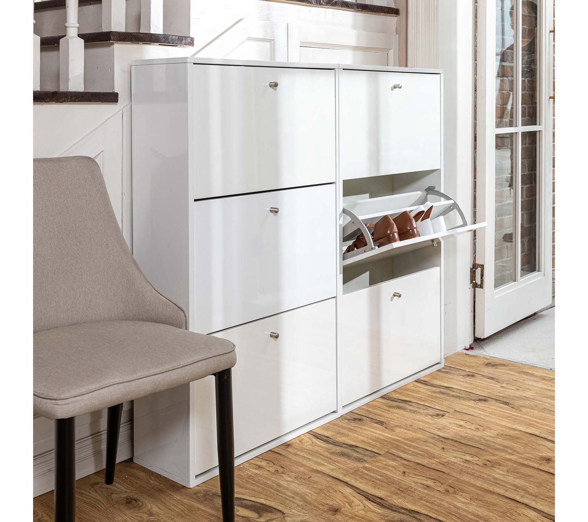 Meuble À Chaussures Blanc 3 Portes Tiroirs Abattants Rangement Entrée