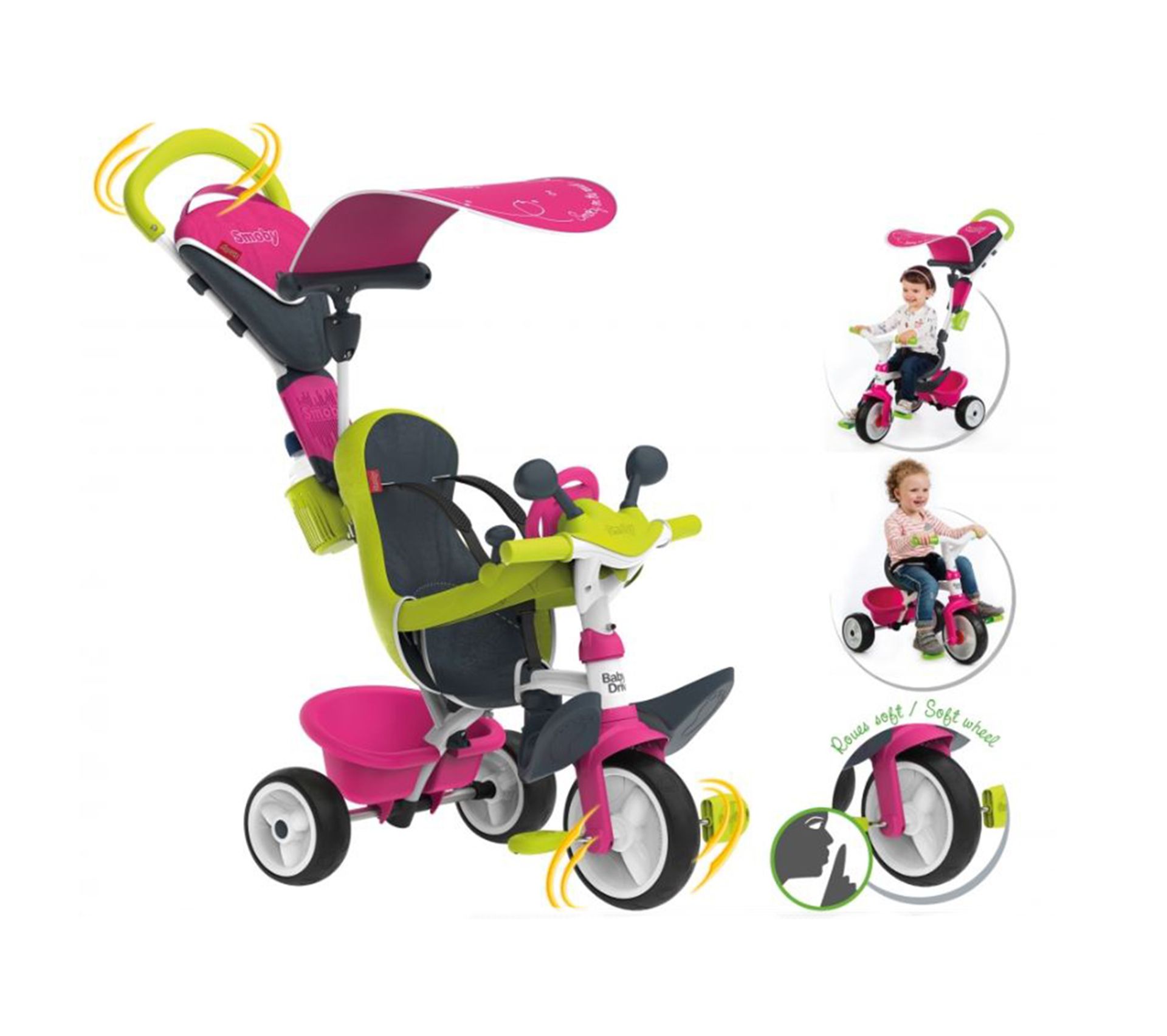 Tricycle Enfant Baby Driver Confort Rose + Ombrelle Smoby Draisienne