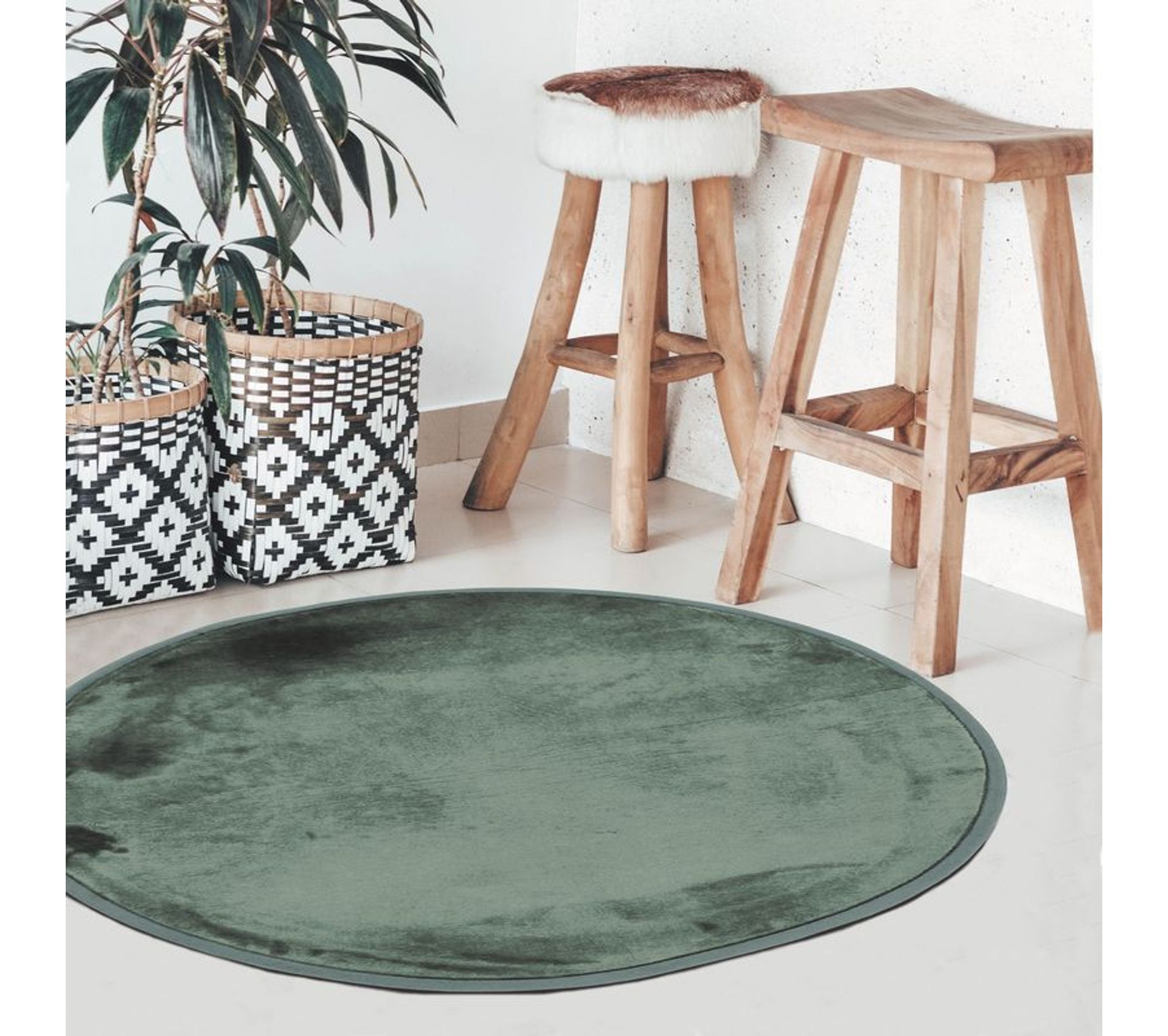 Tapis Rond Vert Géométrique 80 Cm - Lavable Machine, Antidérapant, Doux Et Durable Pour Salon Ou Chambre