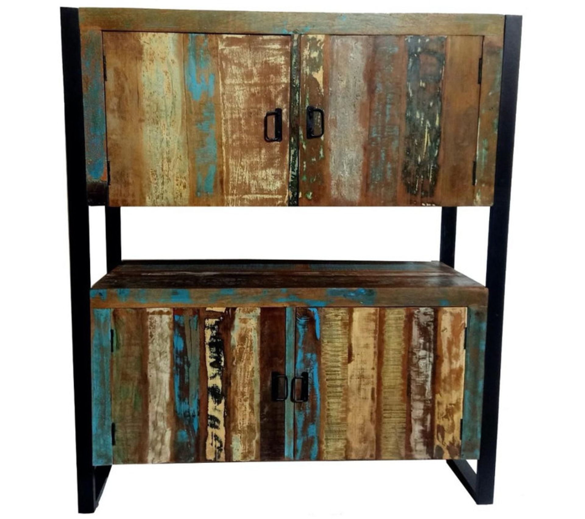 Armoire De Rangement 4 Portes Bois Massif Multicolore Et Pieds Métal