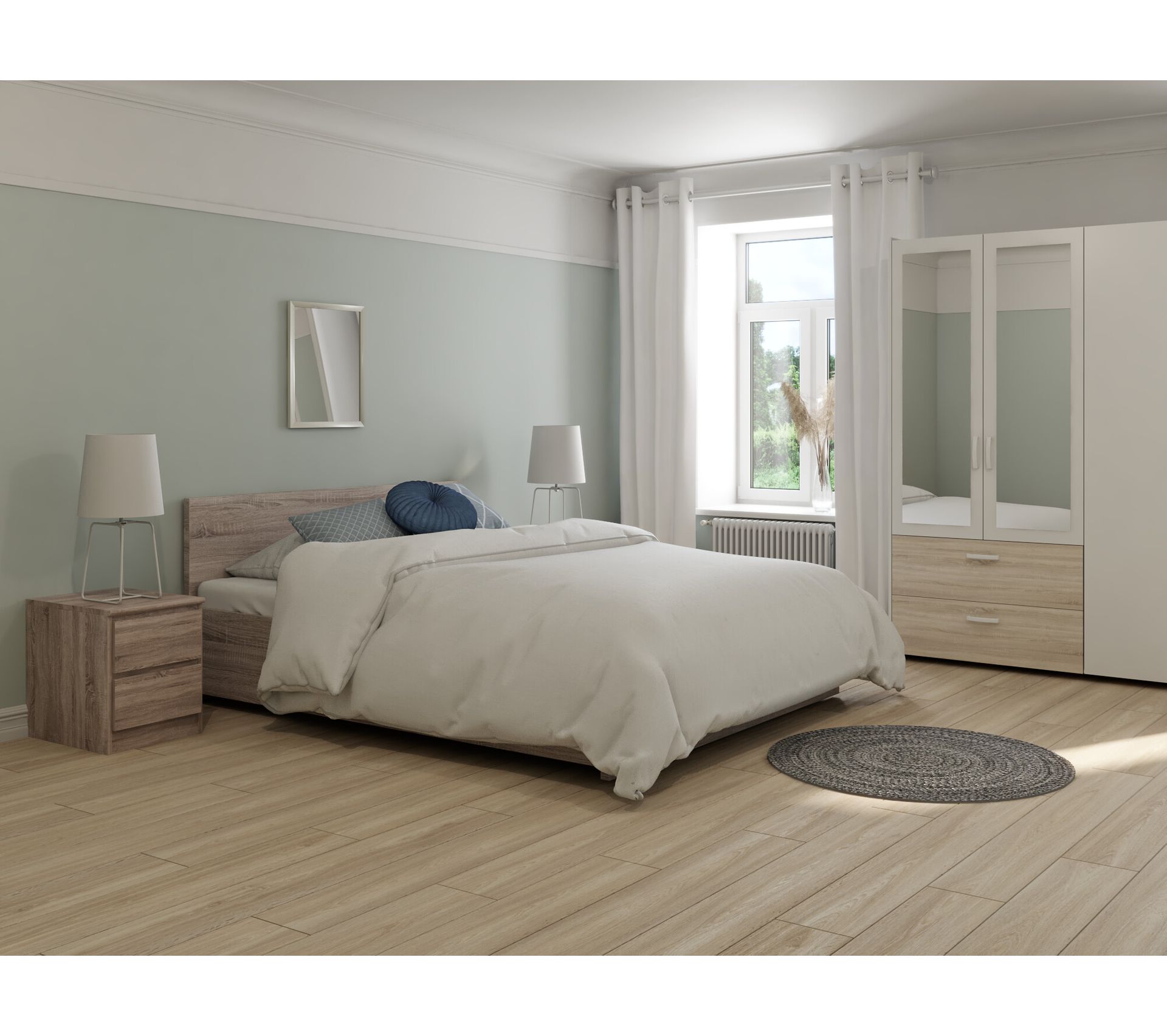 Armoire 4 portes 2 tiroirs L.179 cm READY imitation chêne et blanc