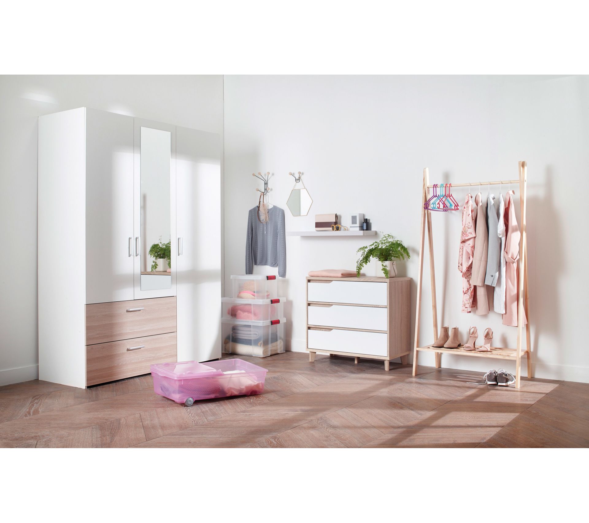 Armoire 3 portes 2 tiroirs L.144 cm READY imitation chêne et blanc