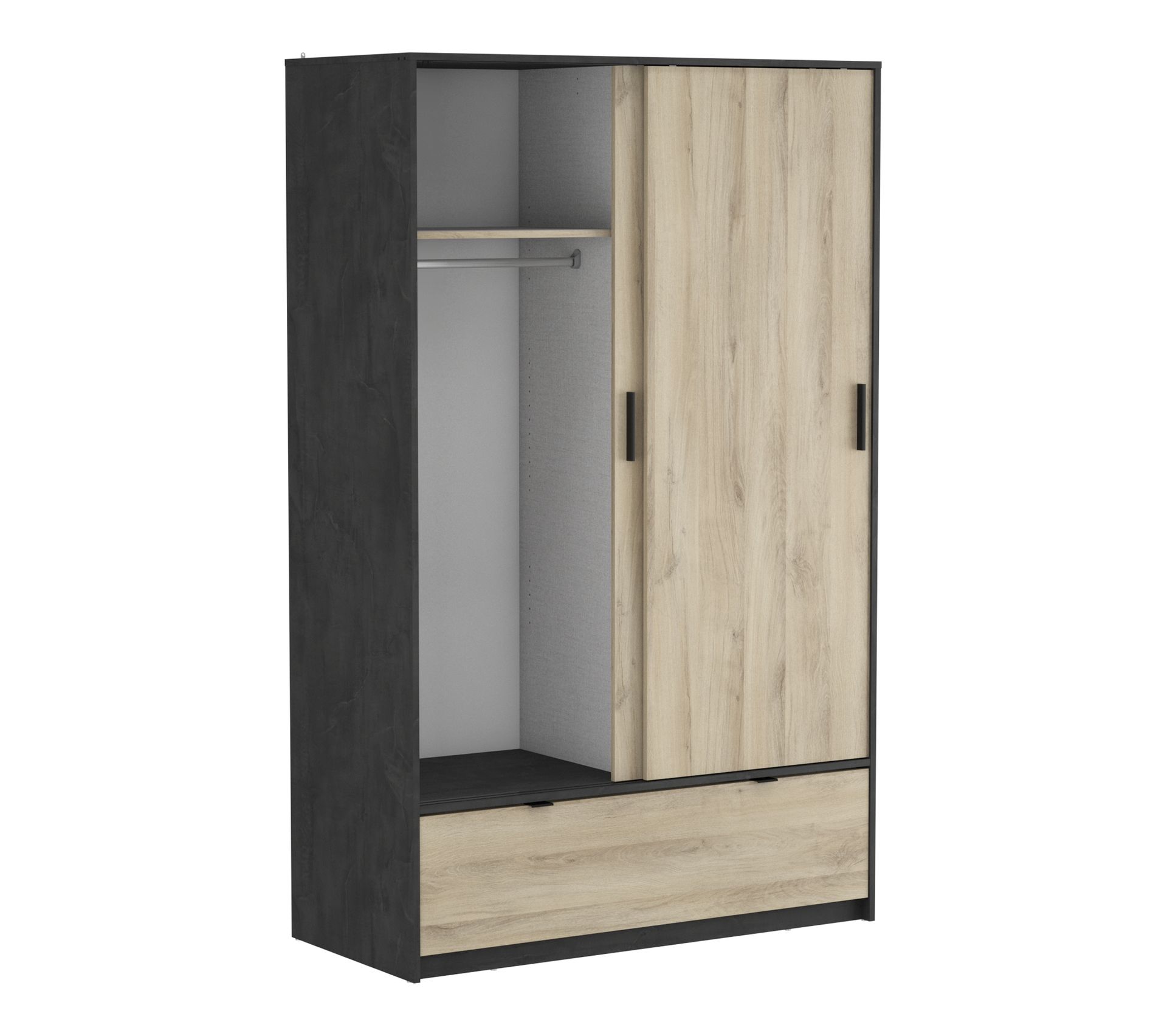 Armoire 2 Portes Coulissantes 1 Tiroir L 120 Cm Imitation Chene Et Ardoise Perfect Armoire But