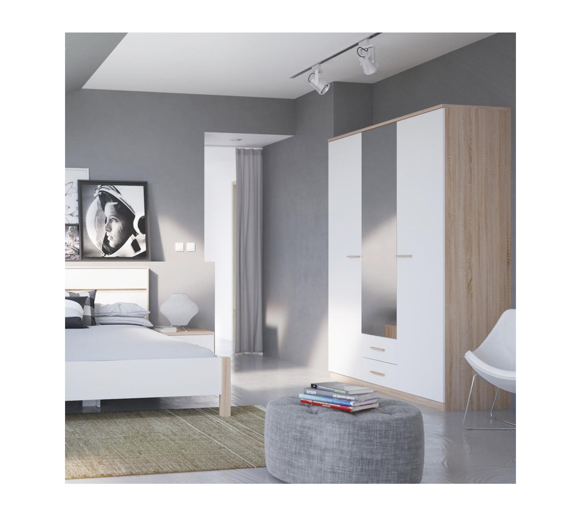 Armoire 3 Portes Avec Miroir Et 2 Tiroirs, Décor Bois Et Blanc L161cm