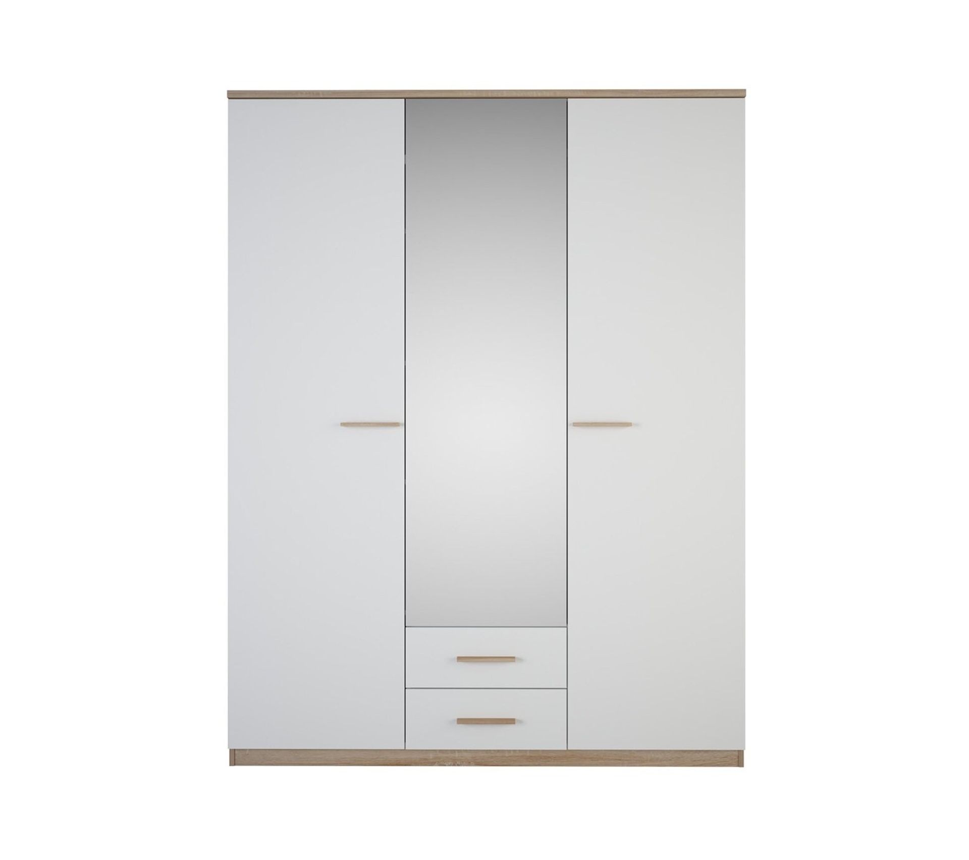 Armoire 3 Portes Avec Miroir Et 2 Tiroirs, Décor Bois Et Blanc L161cm