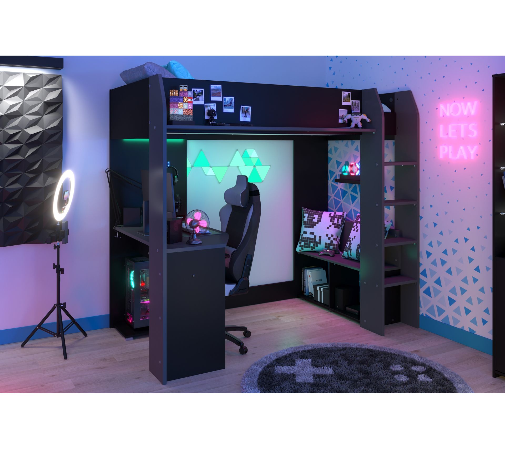 Lit Mezzanine Enfant 90x200 Avec Bureau Et LED - Blanc, Pin Massif, Charge 120 Kg, Sans Matelas