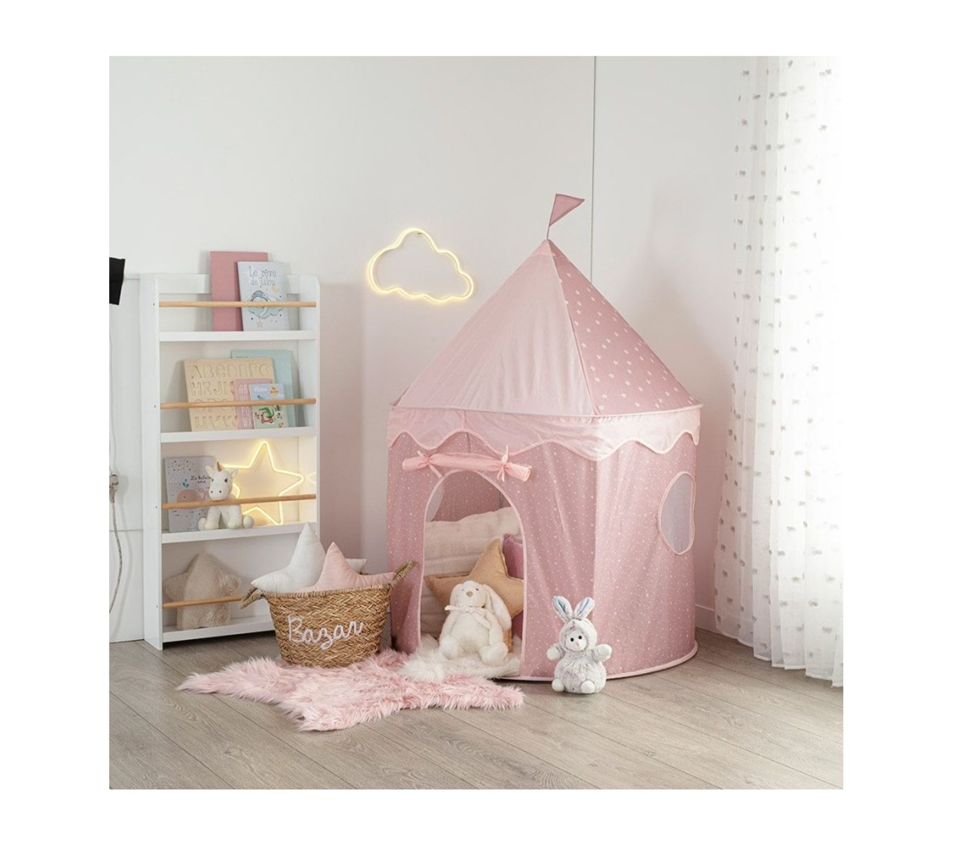 Tente de Jeu Enfants avec Guirlandes Lumineuse Etoiles, Château de Princesse Tente avec 4 Fenêtres, Maison de Jeu Intérieure et Extérieur pour Enfants