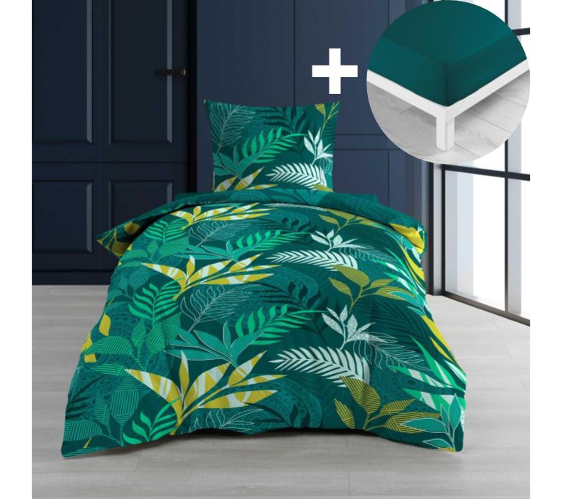 Pack Parure De Couette 140x0 Cm 100 Coton Assana Vert Drap Housse 90x190 Cm Petrole Housse De Couette Parure De Lit But