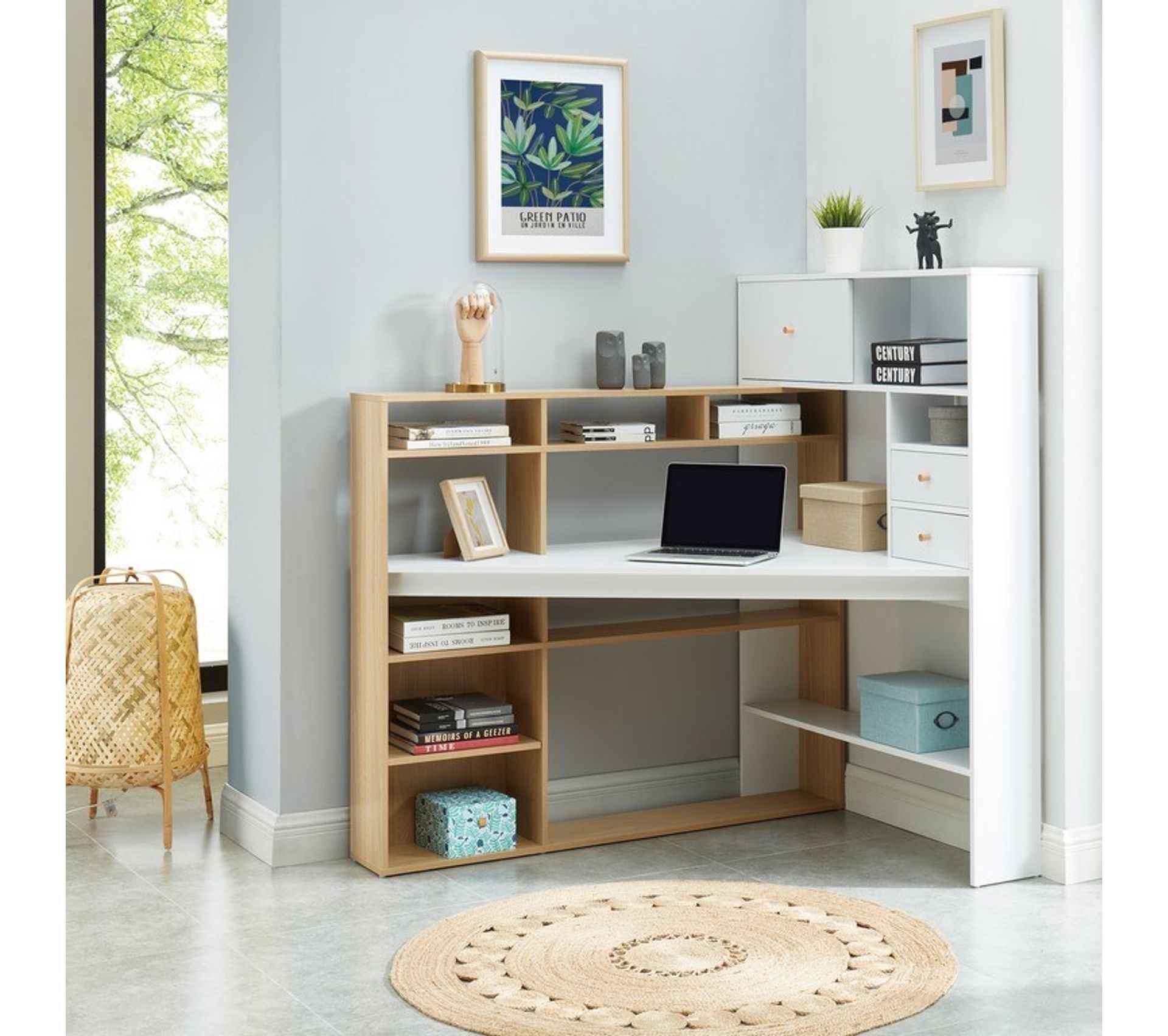 Bureau D angle Anglo Coloris Blanc Et Effet Bois Multi rangements 