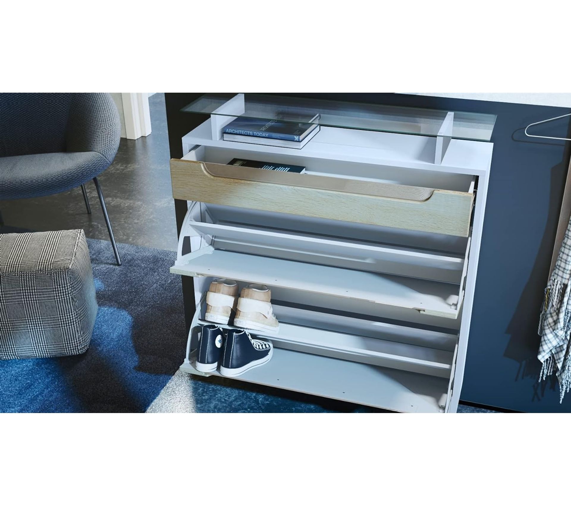 Meuble Chaussure Blanc Mat Et Blanc Haute Brillance (89 X 104 X 23 Cm