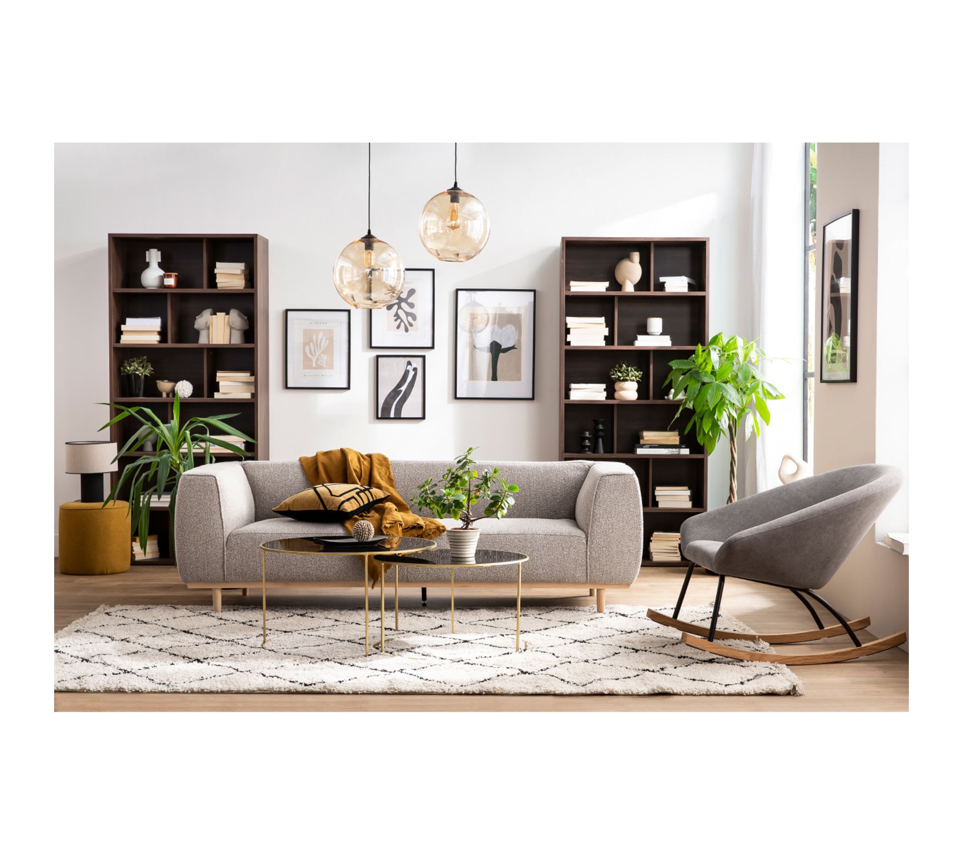 Rocking Chair Design En Tissu Effet Velours Jaune Moutarde, Métal Noir