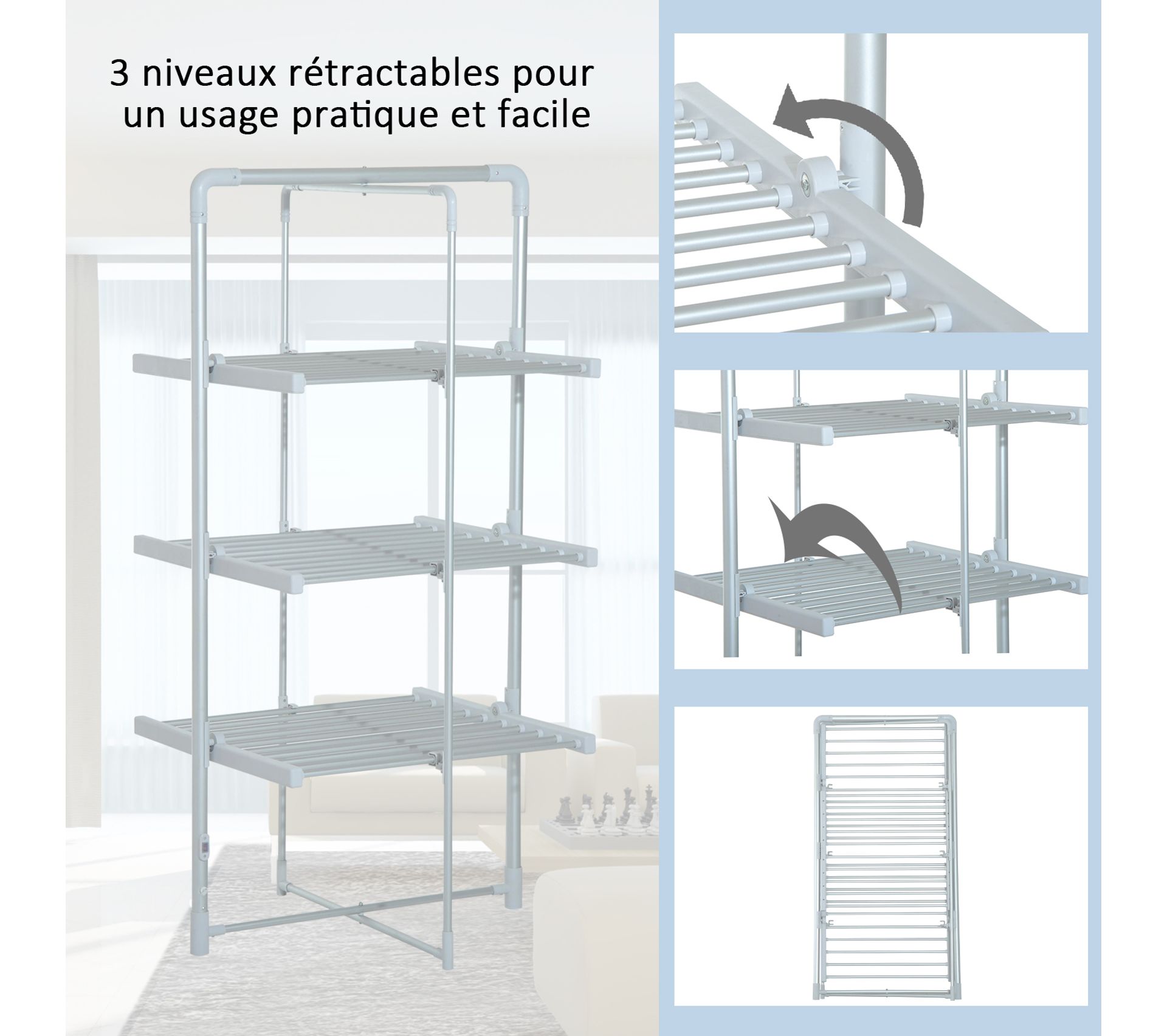 Séchoir à linge étendoir à linge électrique chauffant pliable 2 niveaux 200 W 50 55° C aluminium Séchoir à linge étendoir à linge électrique chauffant pliable 2 niveaux 200 W 50 55° C aluminium