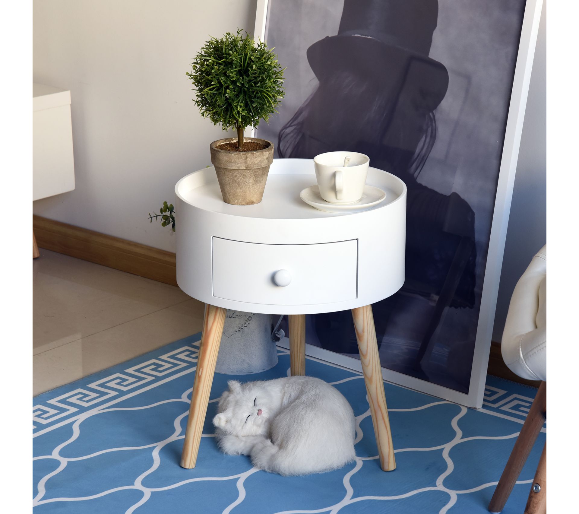 Chevet Table De Nuit Ronde 1 Tiroir Design Scandinave Bicolore Table 