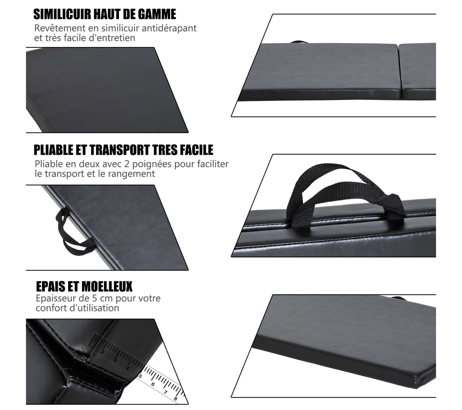 Tapis De Gym Pliable 180x120cm - Mousse EPE 4cm, Housse PU - Pour Yoga, Fitness, Arts Martiaux