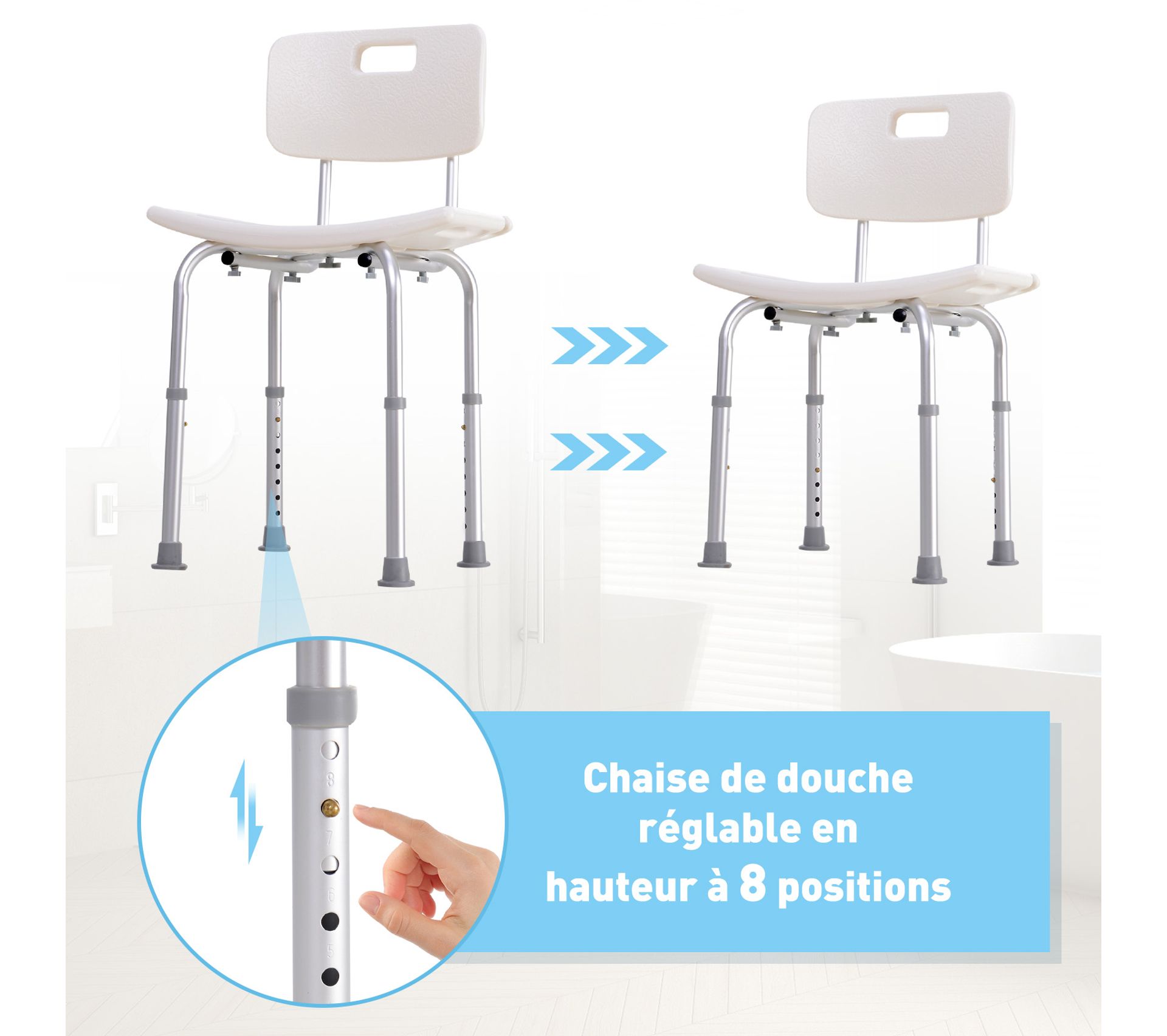 Chaise De Douche VEVOR - Hauteur Réglable (6 Niveaux) - Supporte 158,8 Kg - Siège Incurvé