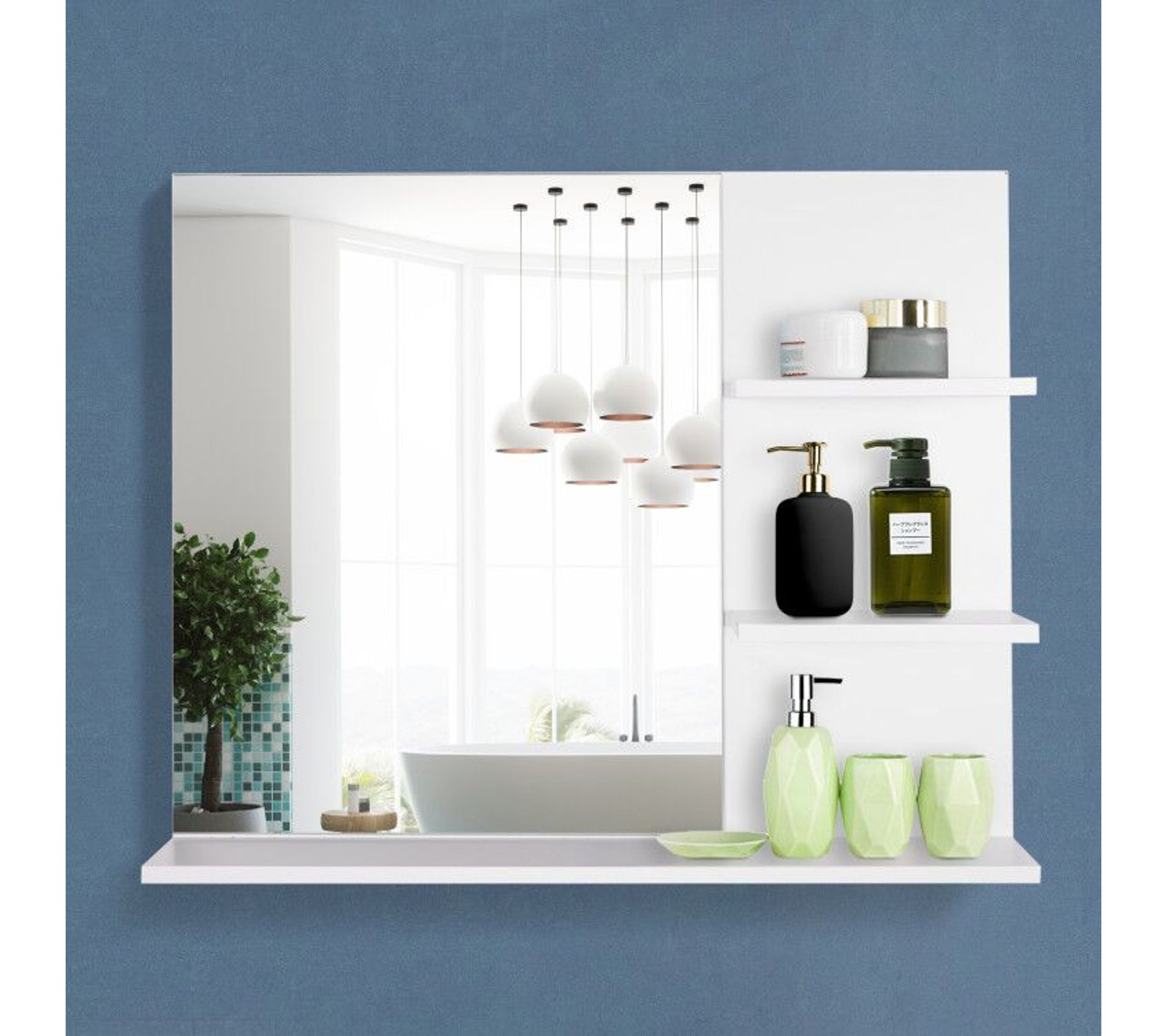 Miroir Salle De Bain Avec étagères En Bambou - 3 étagères Latérales + 1 Grande étagère Inférieure, Blanc