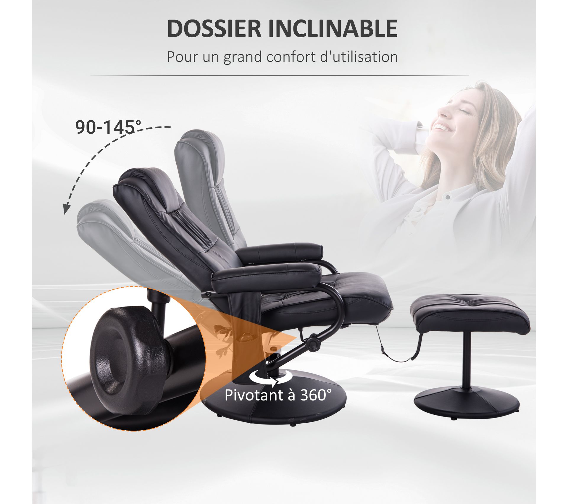 Fauteuil Massant Bonnlo Avec 6 Points De Massage Et Chauffage - Dossier Inclinable 145° - Repose-Pieds Réglable - Tissu Gris