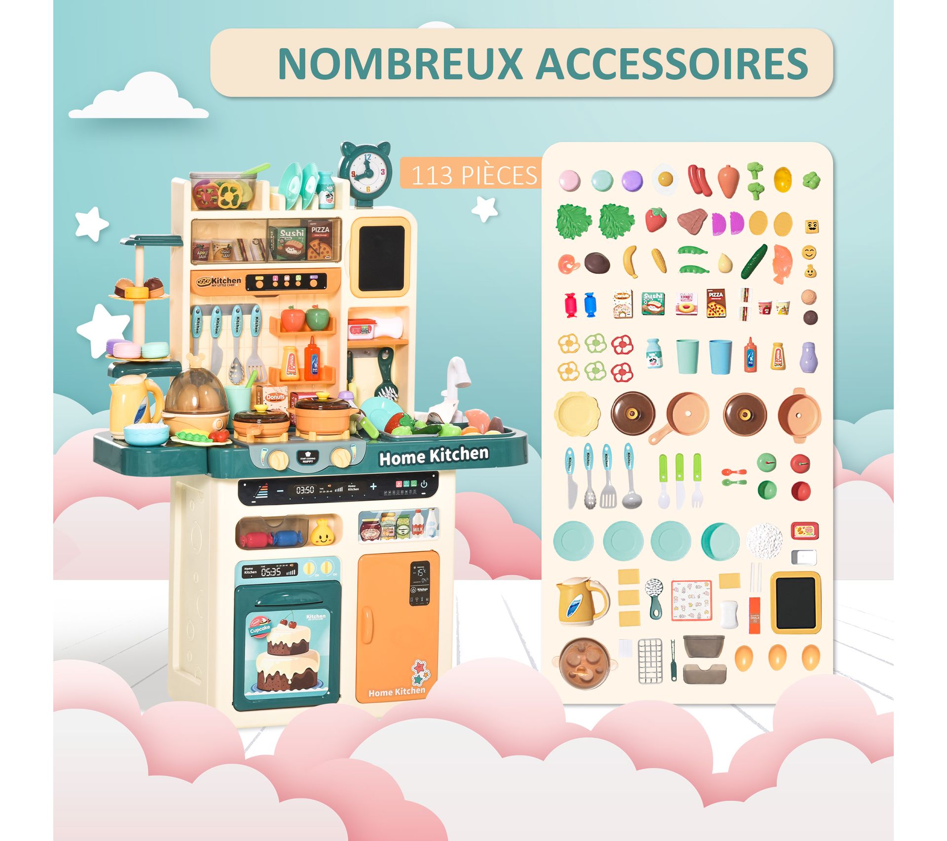 Cuisine Pour Enfant Dinette 113 Accessoires Varies Beige Turquoise Jeux D Imitation But
