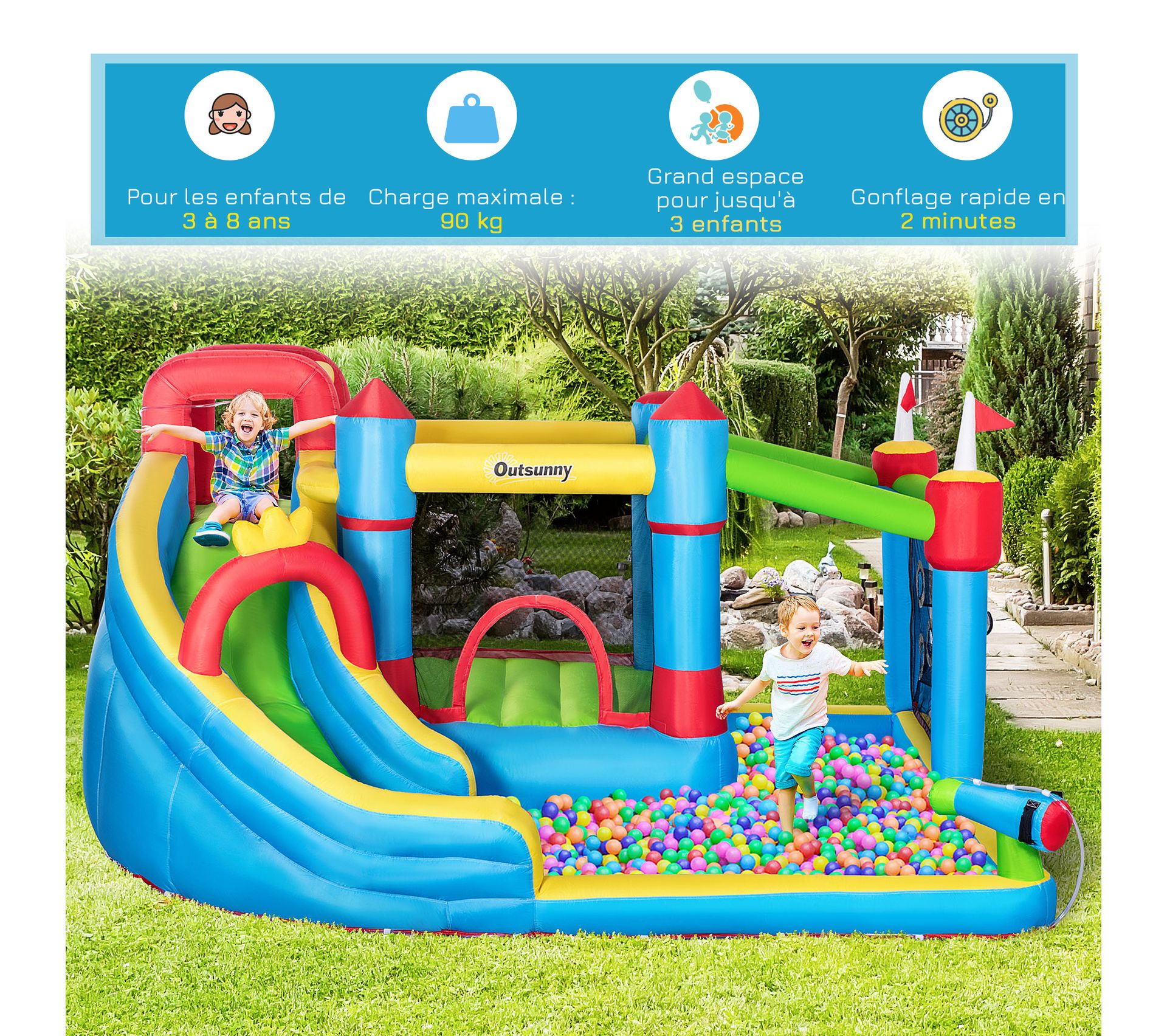 Château gonflable enfant - Outsunny - toboggan, trampoline, piscine, p... pas cher