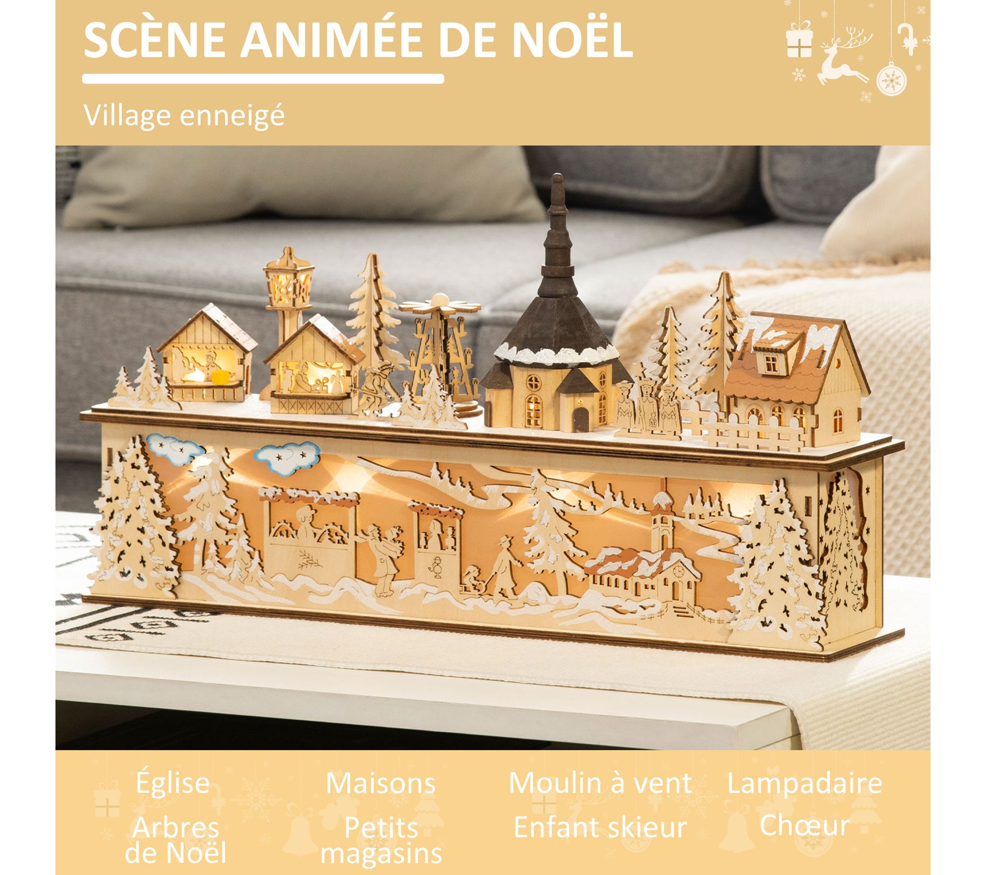Boîte à Musique Village De Noël - Père Noël, Lumières LED, 16x24 Cm, ZB24