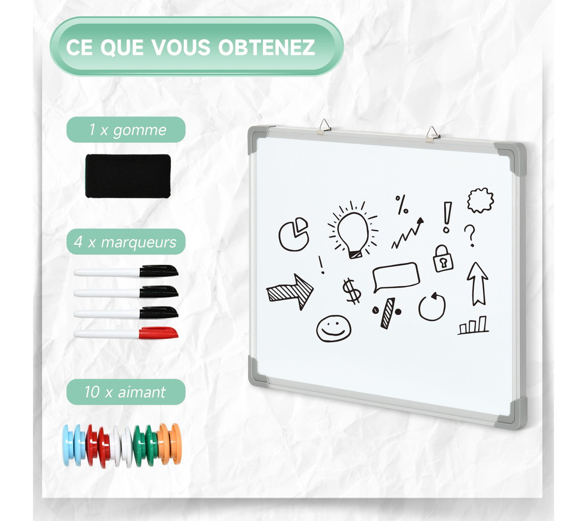 Tableau Blanc Aimanté Magnétique Dim. 60l X 45h Cm Avec Accessoires ...