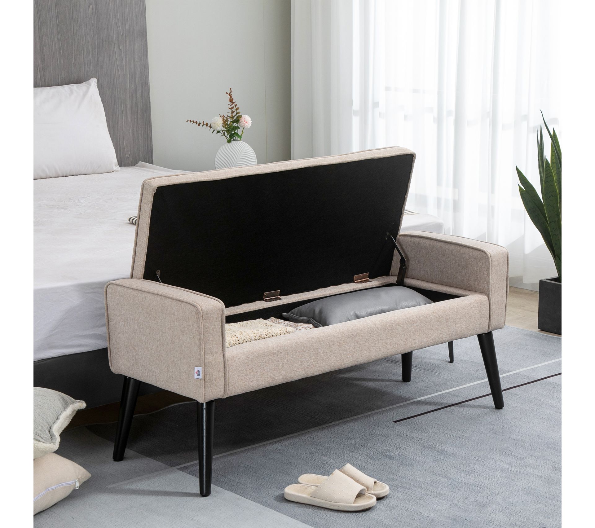 Banc De Rangement Avec Assise Rembourrée - Tissu Bouclette écru, Dimensions 116.5×45×44 Cm, Capacité 150 Kg | Coffre Lit, Entrée, Salon Design