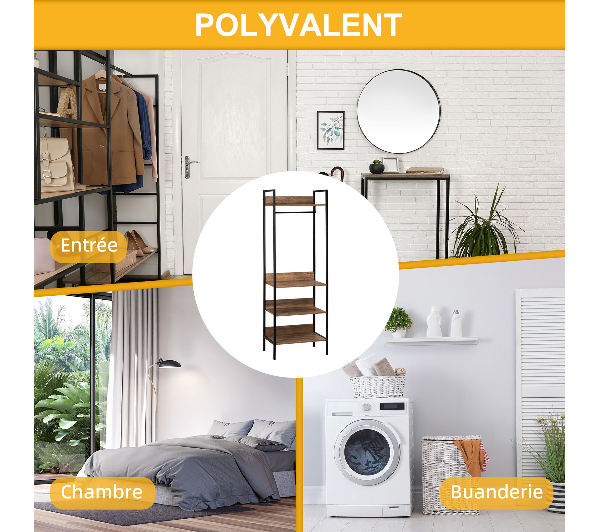 Appendiabiti Con 2 Mensole - Stile Industriale In Acciaio E Legno - Perfetto Per Ingresso E Camera Da Letto