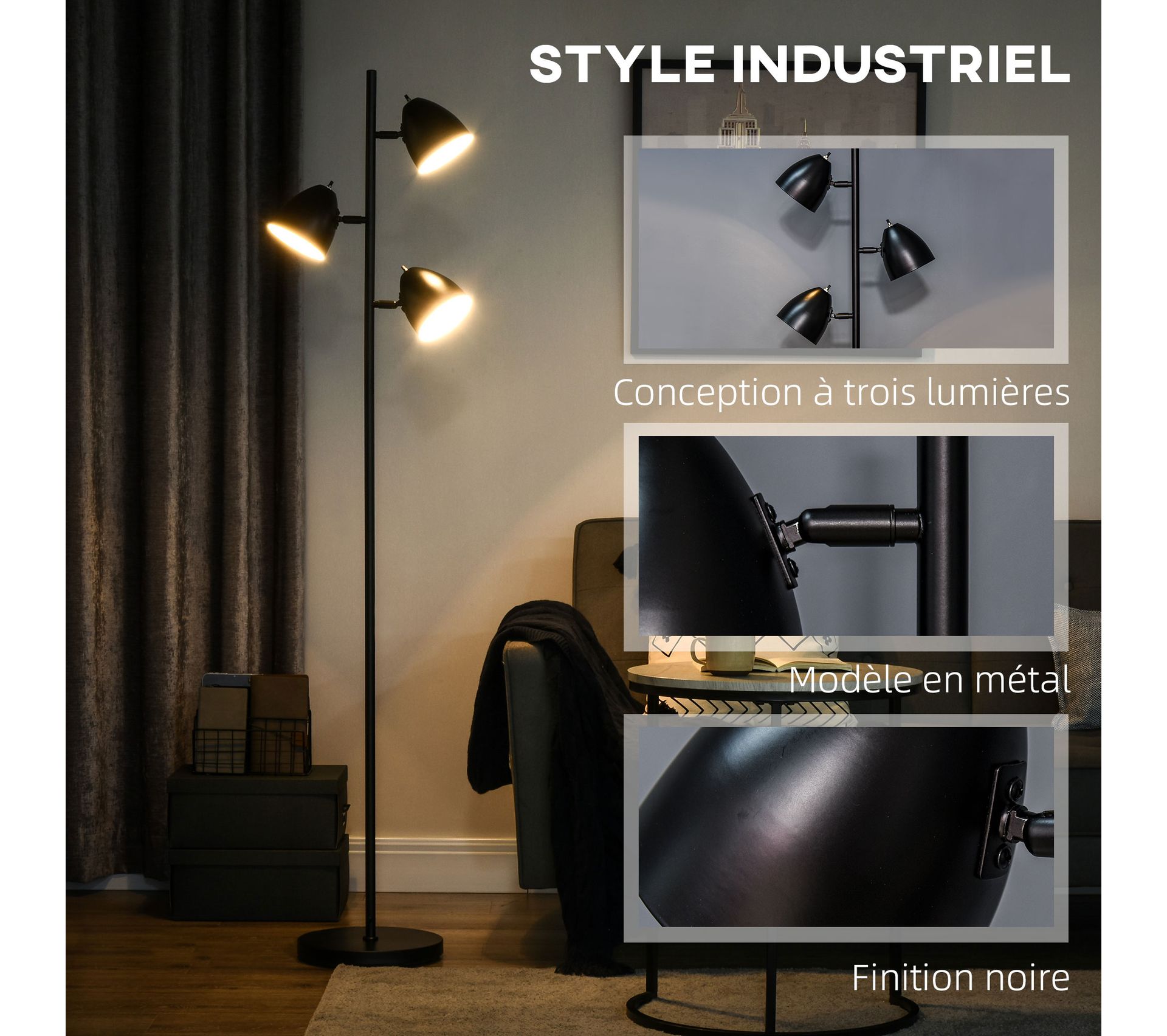 Lampadaire Industriel 2 Lumières Avec Abat-jour Métal Noir Et Piètement Bois – Style Moderne Pour Salon Et Bureau