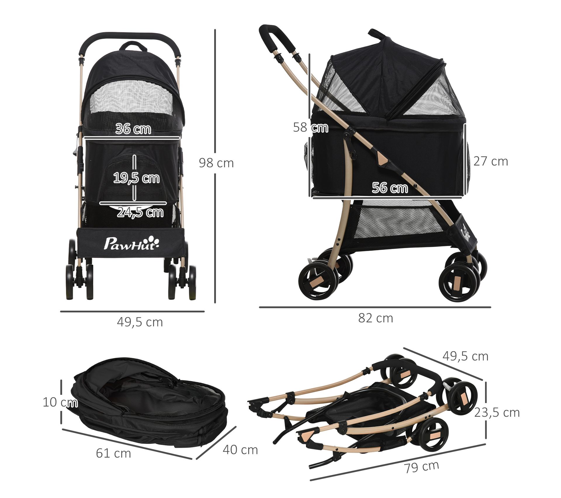 Poussette Pour Chien/chat Pliable One-touch - Jusqu'à 25 Kg, Cadre Alu/acier, Roues 360°, Frein, Porte-gobelet - Noir