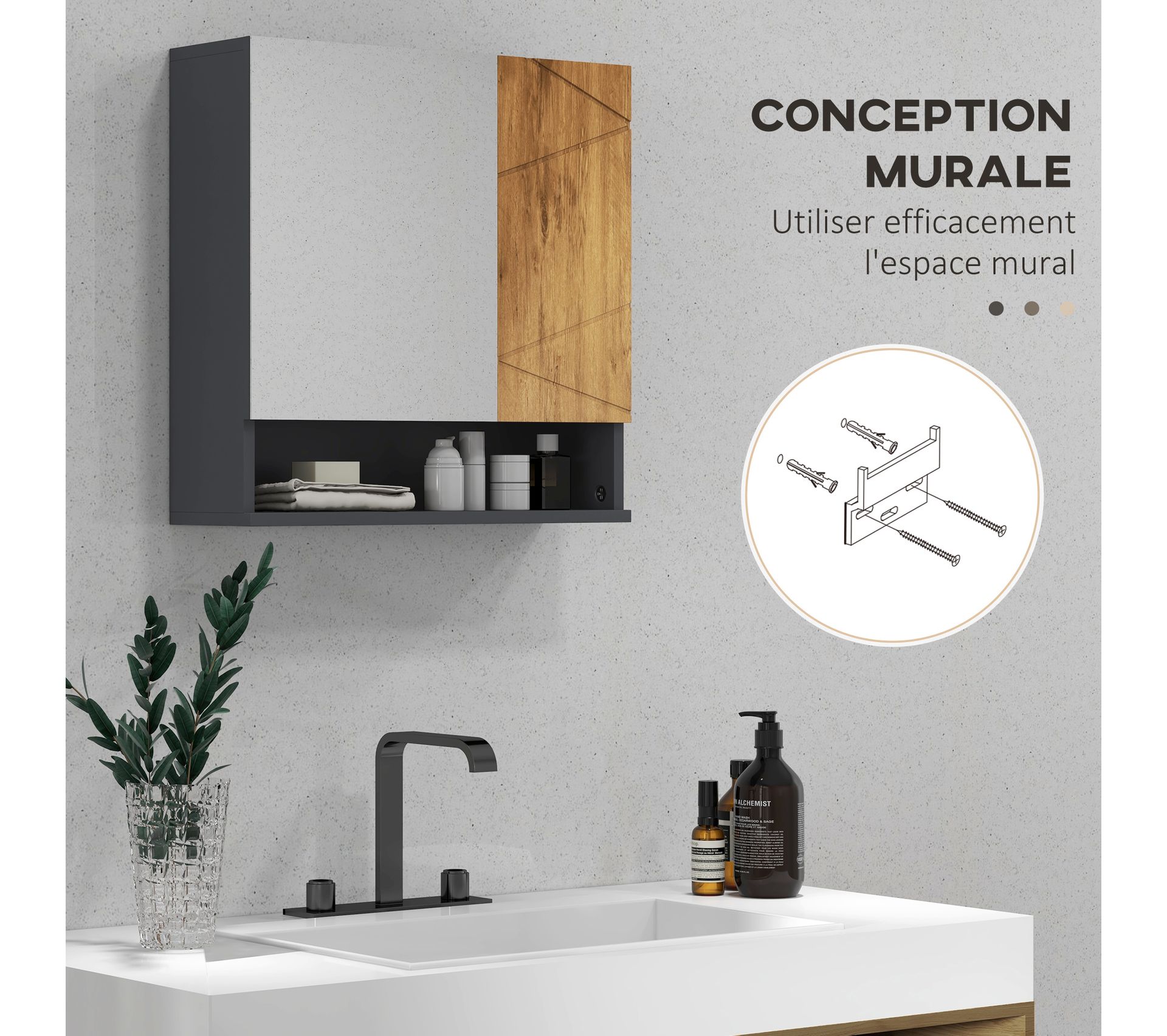 Armoire Miroir Salle De Bain LED RGB - 80x12x45 Cm, 2 étagères, Noir, à Monter, Alimentation USB (adaptateur Non Fourni)