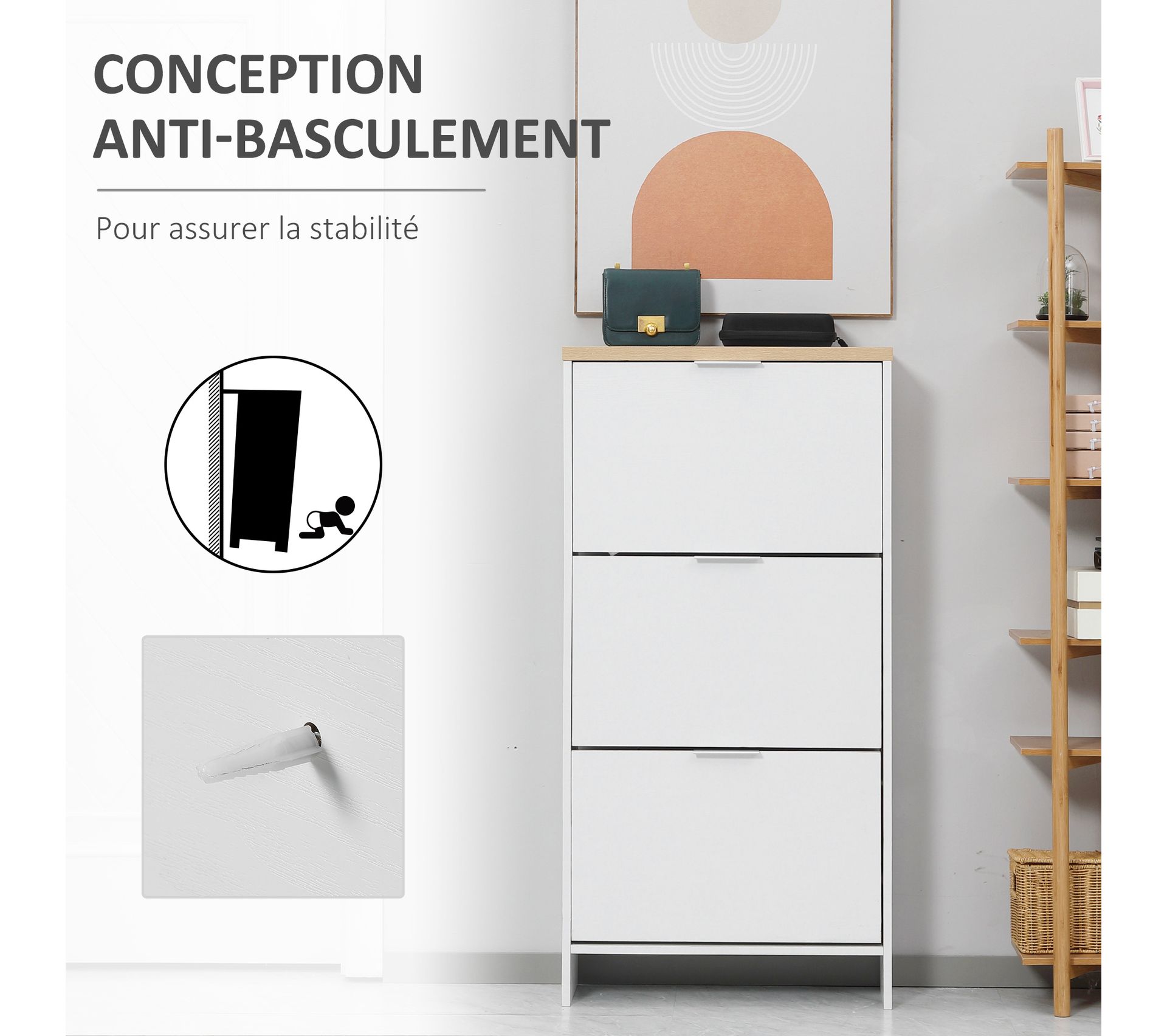 Meuble à Chaussures 3 Portes 24 Paires FEEOHOME - Avec Séparateurs Réglables, Design élégant - Pour Entrée étroite Ou Couloir