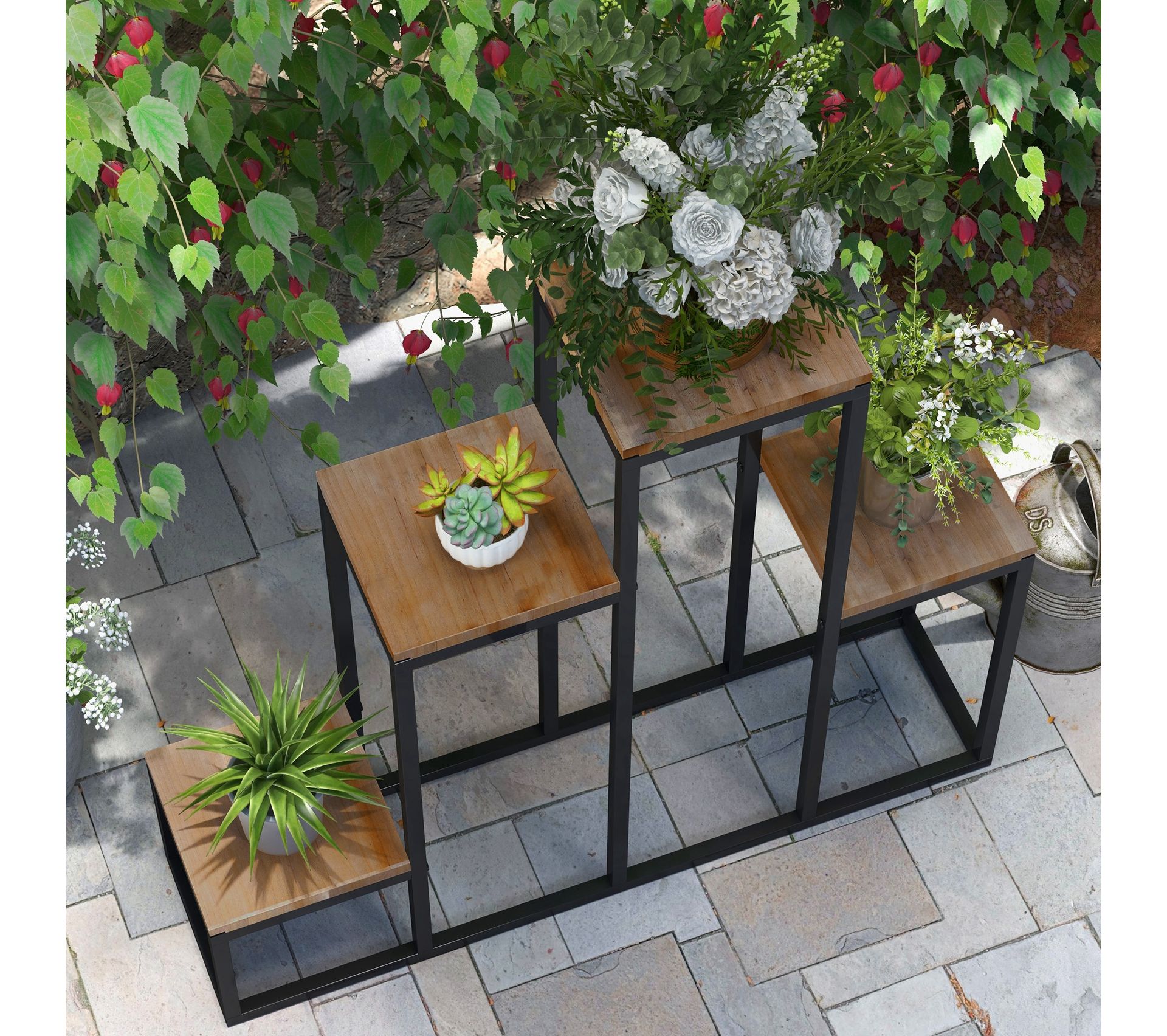 Porte plantes Style Industriel 4 tag res Acier Noir Bois Sapin Verni 