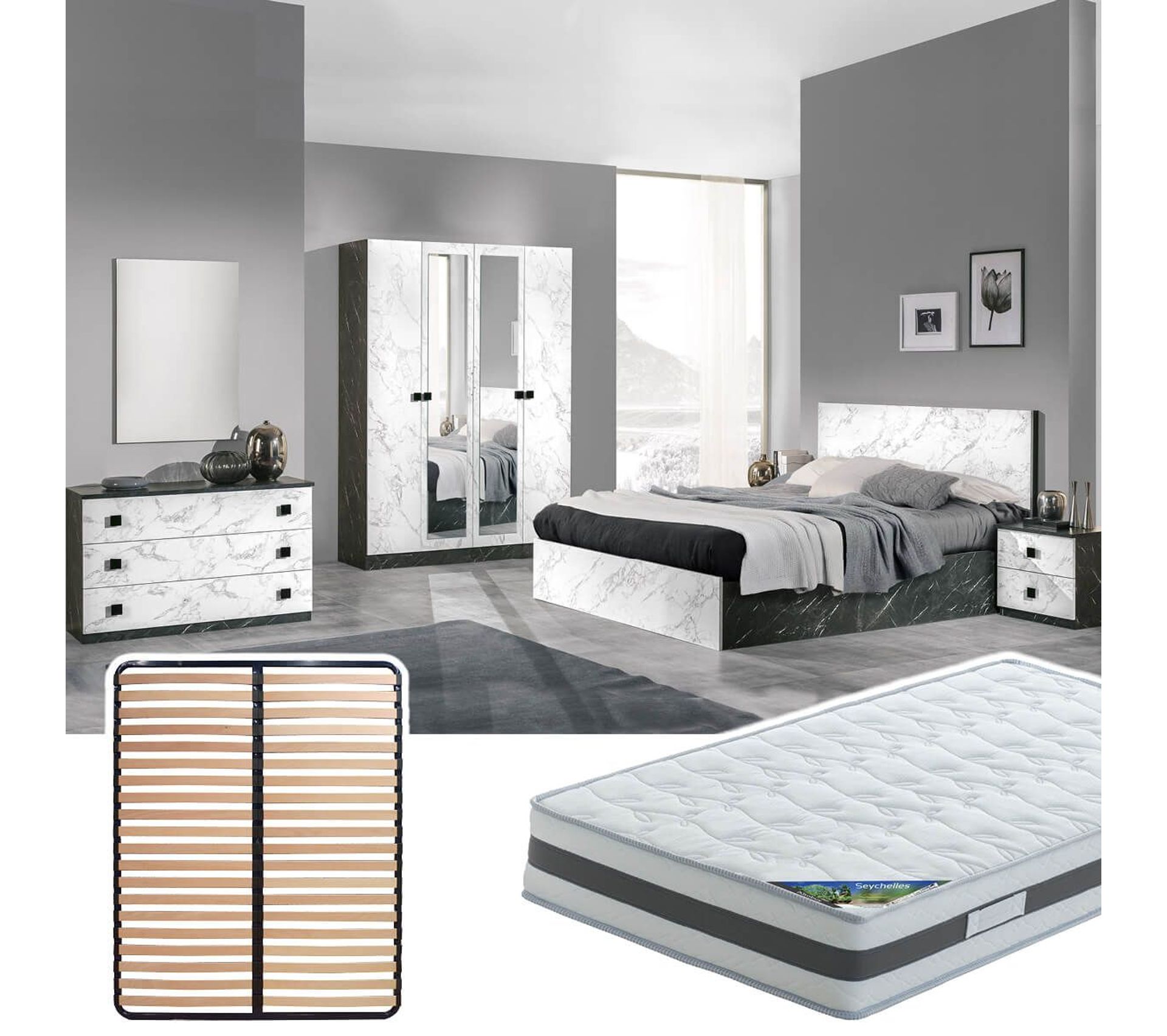 Chambre Complète 160x200 cm + Sommier Altolattes + Matelas Seychelles