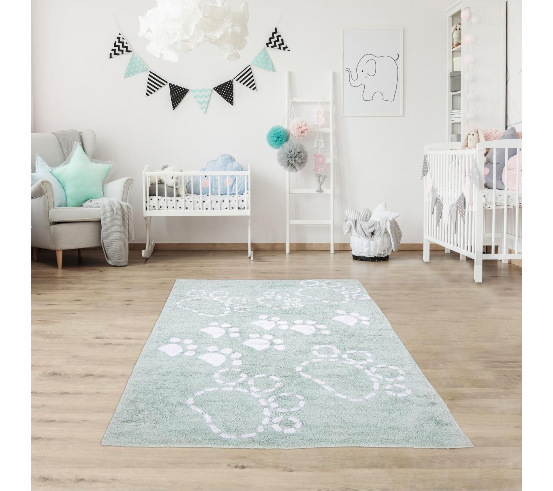 Pattes 100 Bio 80x140 Tapis Enfant Rectangulaire Vert D Eau Blanc Tapis Enfant But
