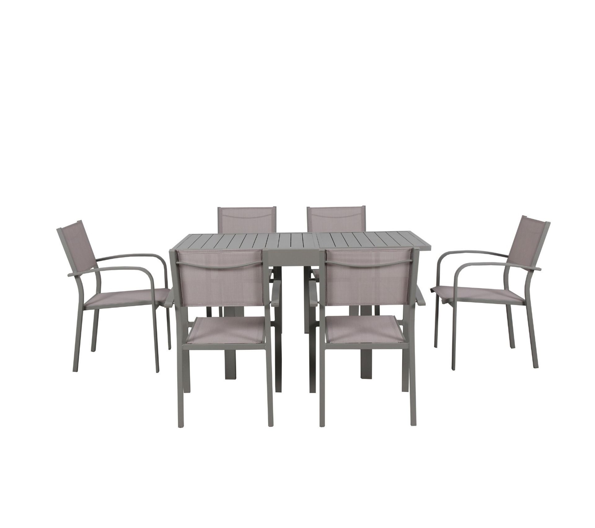 Table De Jardin Extensible Aluminium 83 145cm 6 Fauteuils Empilables Textilene Gris Taupe Milo Salon De Jardin But