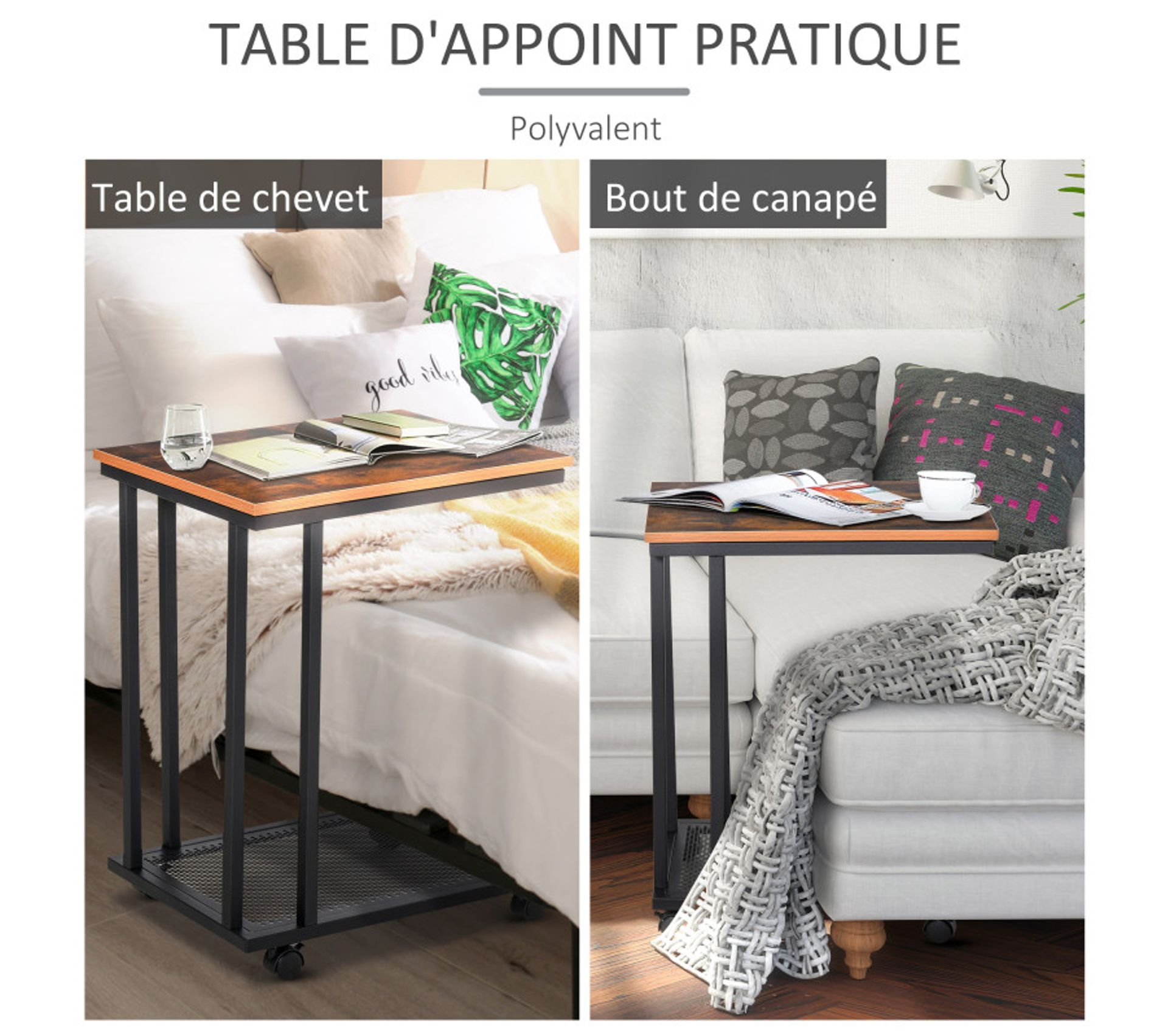 Table D’appoint Roulante Bois Massif – 60x30x47 Cm, étagère Basse, Pivotante 360°, Gain De Place