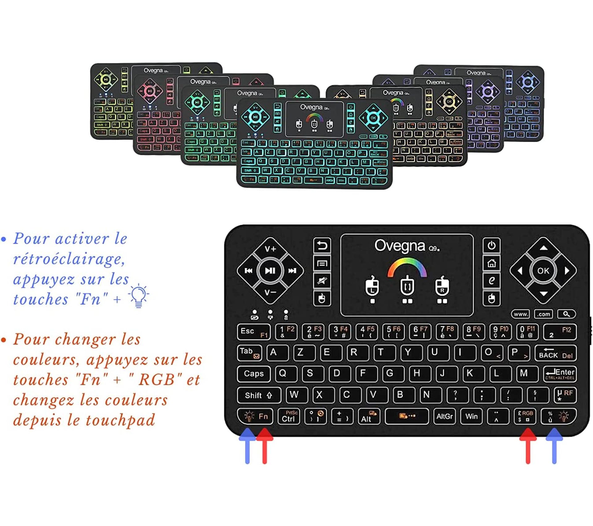 Clavier Mini Sans Fil Ovegna Q9 AZERTY - Rétroéclairage RGB, Touchpad, Rechargeable - Compatible Smart TV, PC, Mac, Raspberry Pi