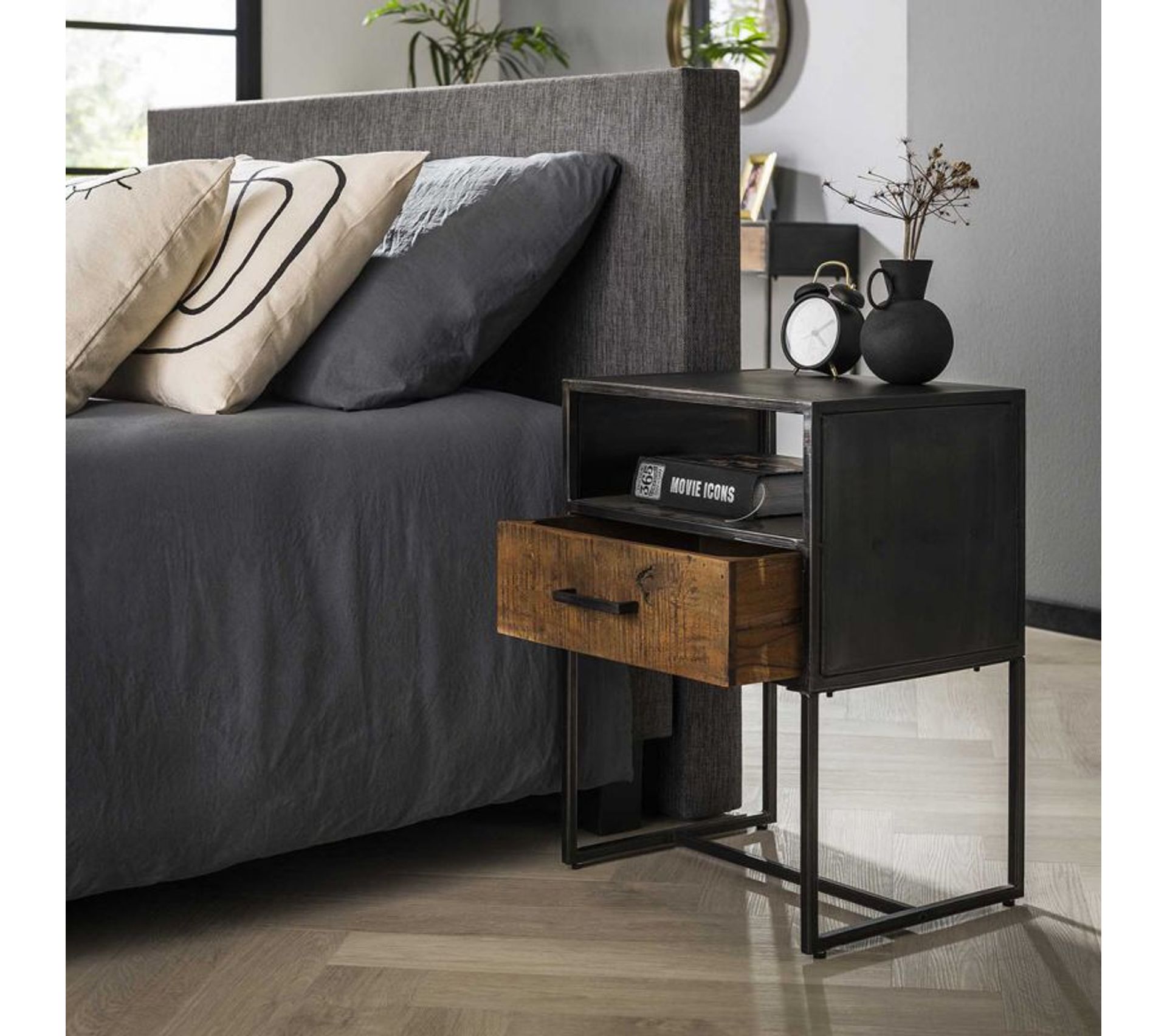 Table De Chevet 2 Tiroirs HOMIDEC - 55 Cm Hauteur - Métal Et Tissu - Marron Rustique - Pour Chambre