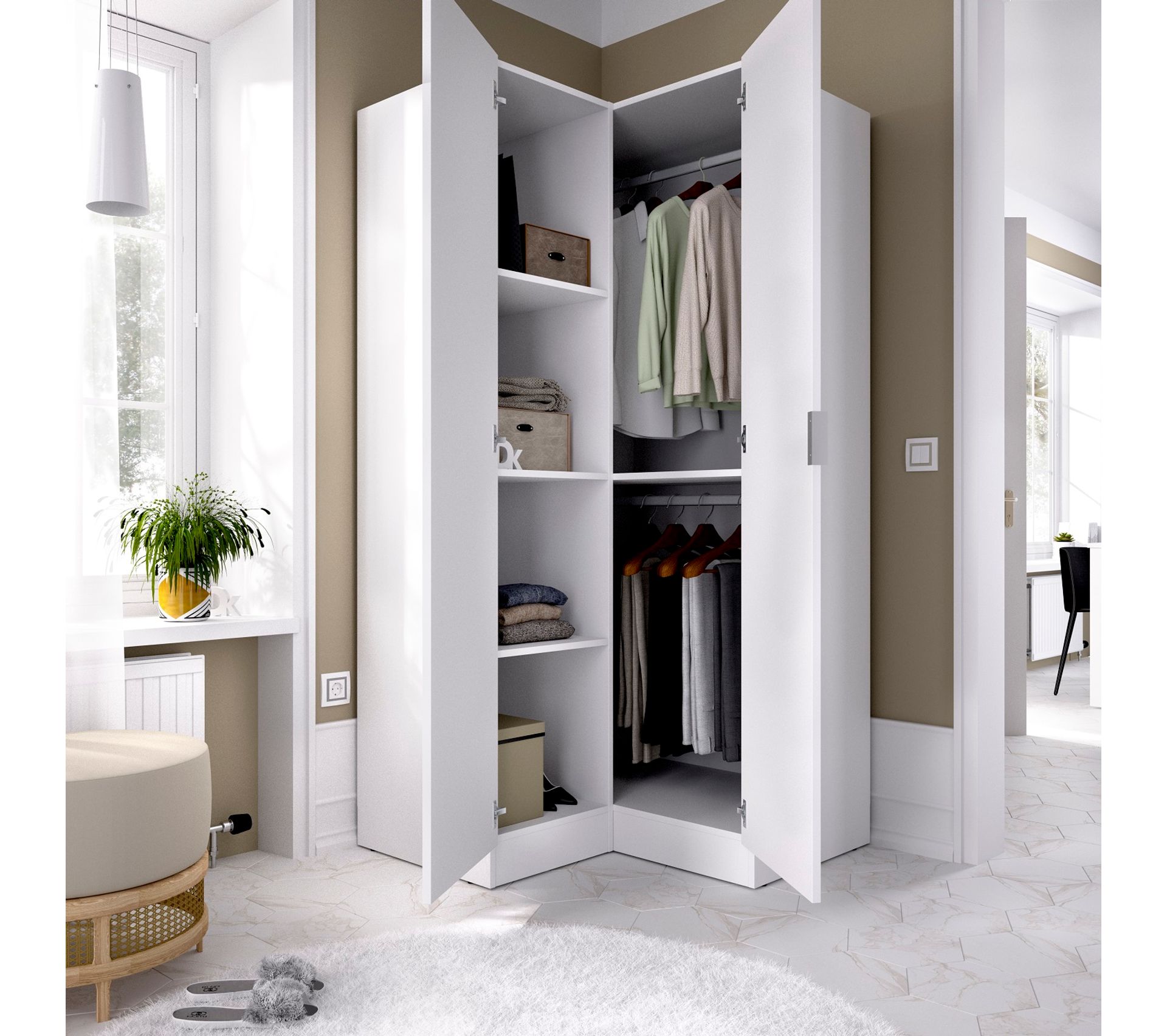 Dressing D'angle PEGANE Avec Portes à Chaussures – Dimensions 1445 X 79 X 205 Cm, Coloris Chêne Naturel Et Blanc